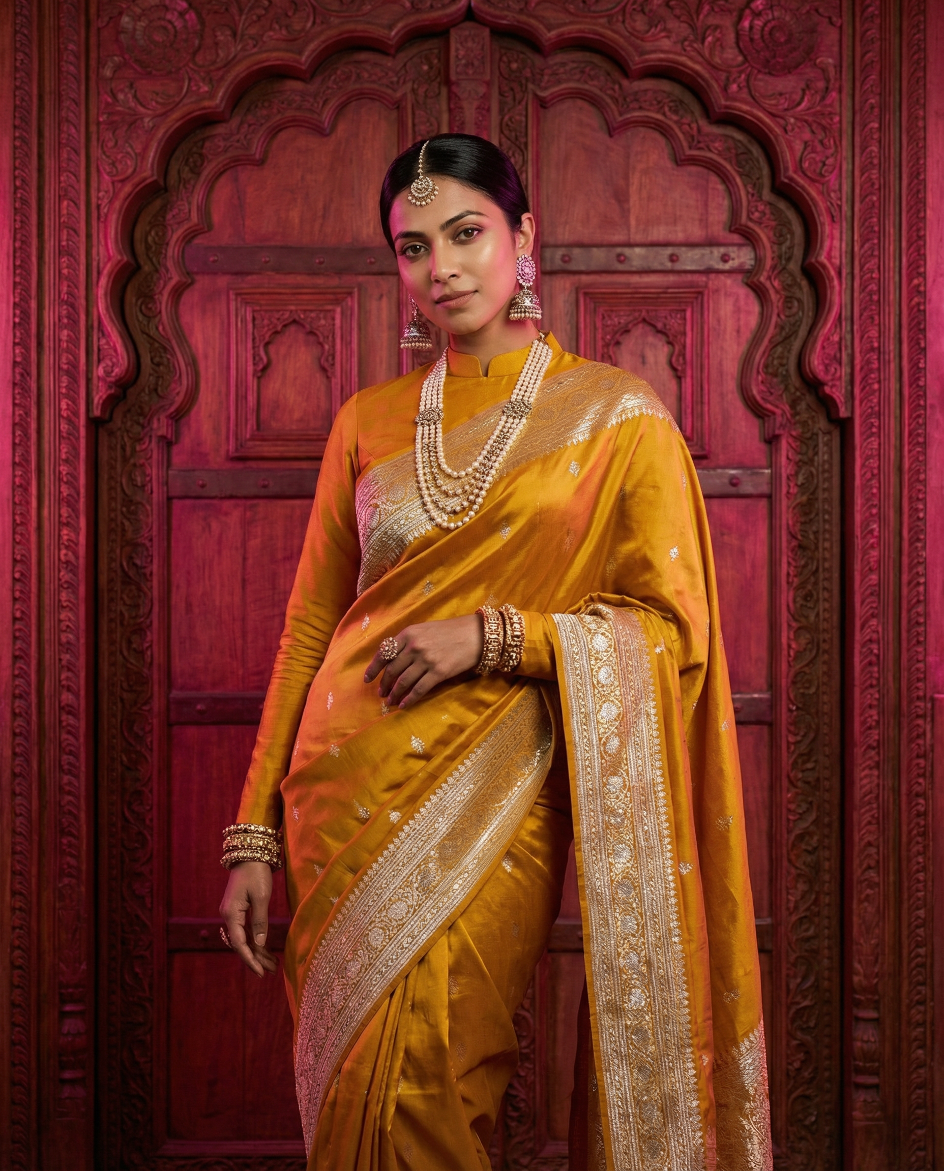 Yellow Banarasi Bootis with Koniya