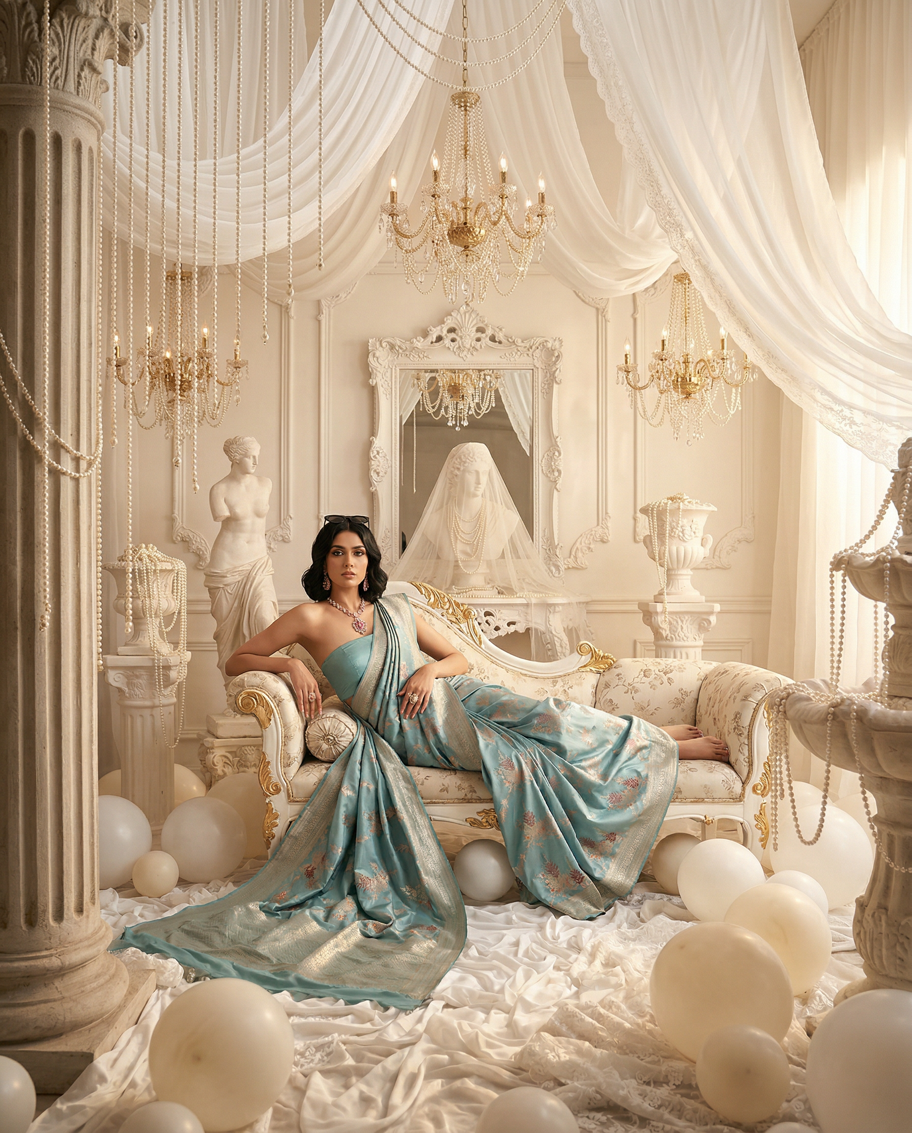 Aquamarine Jaal Banaras with meenakari florals