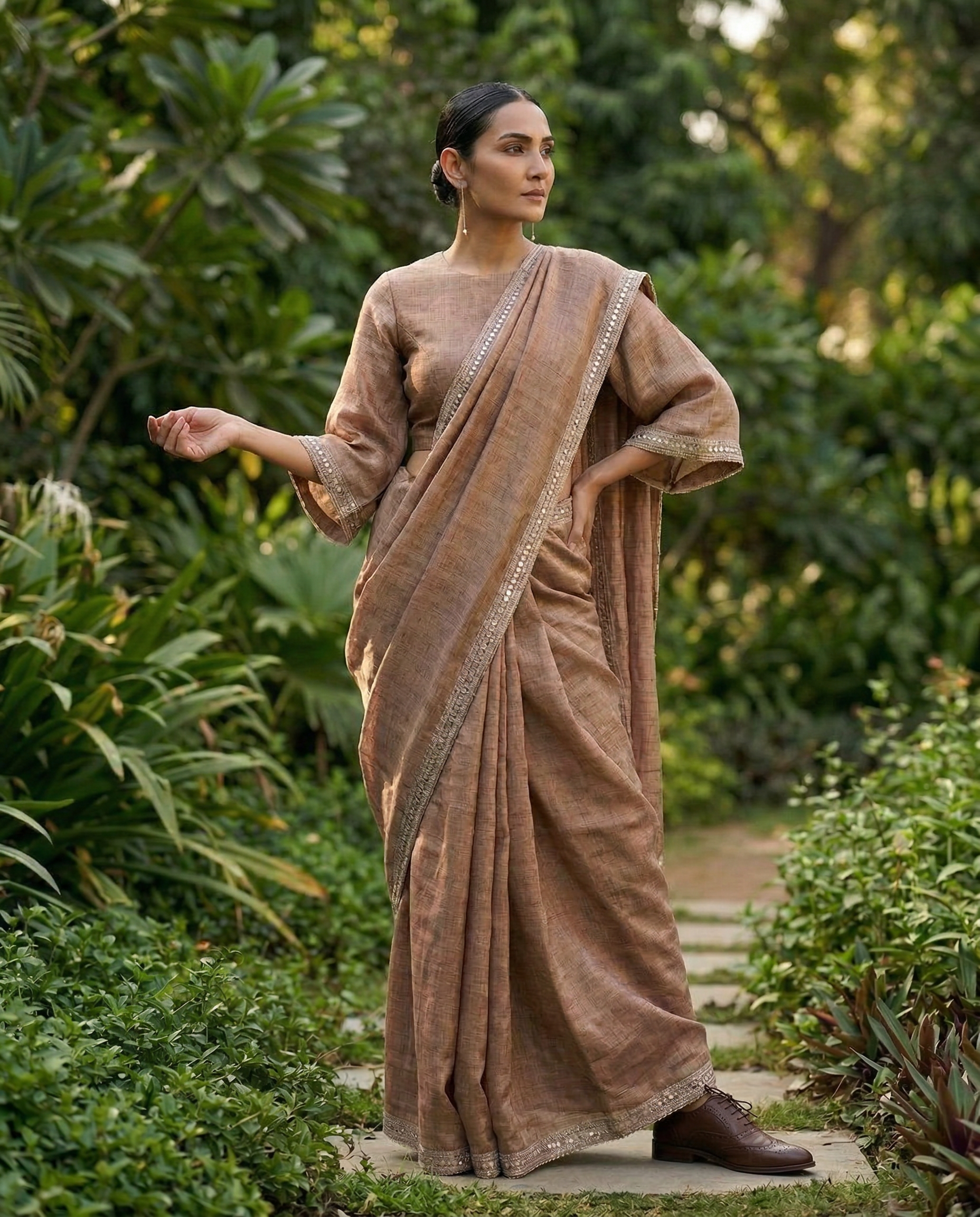 Brown Linen Zari with Embroidered Border