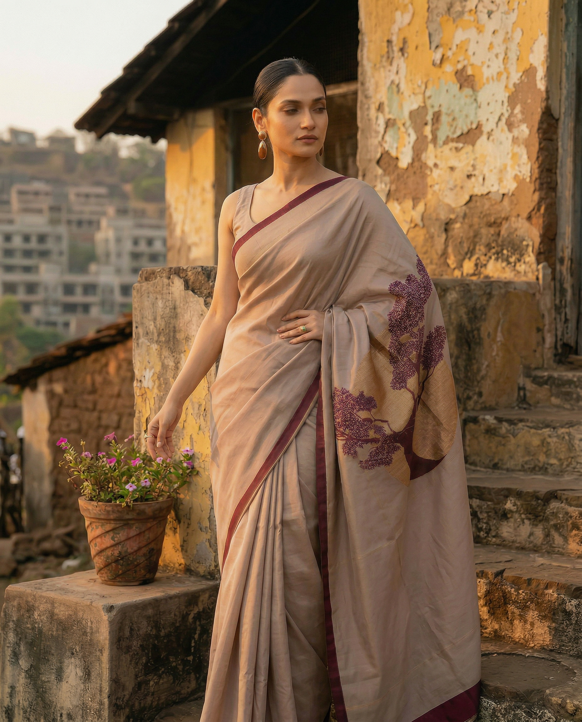 Plain Silk with Pallu of a Japanese Motif