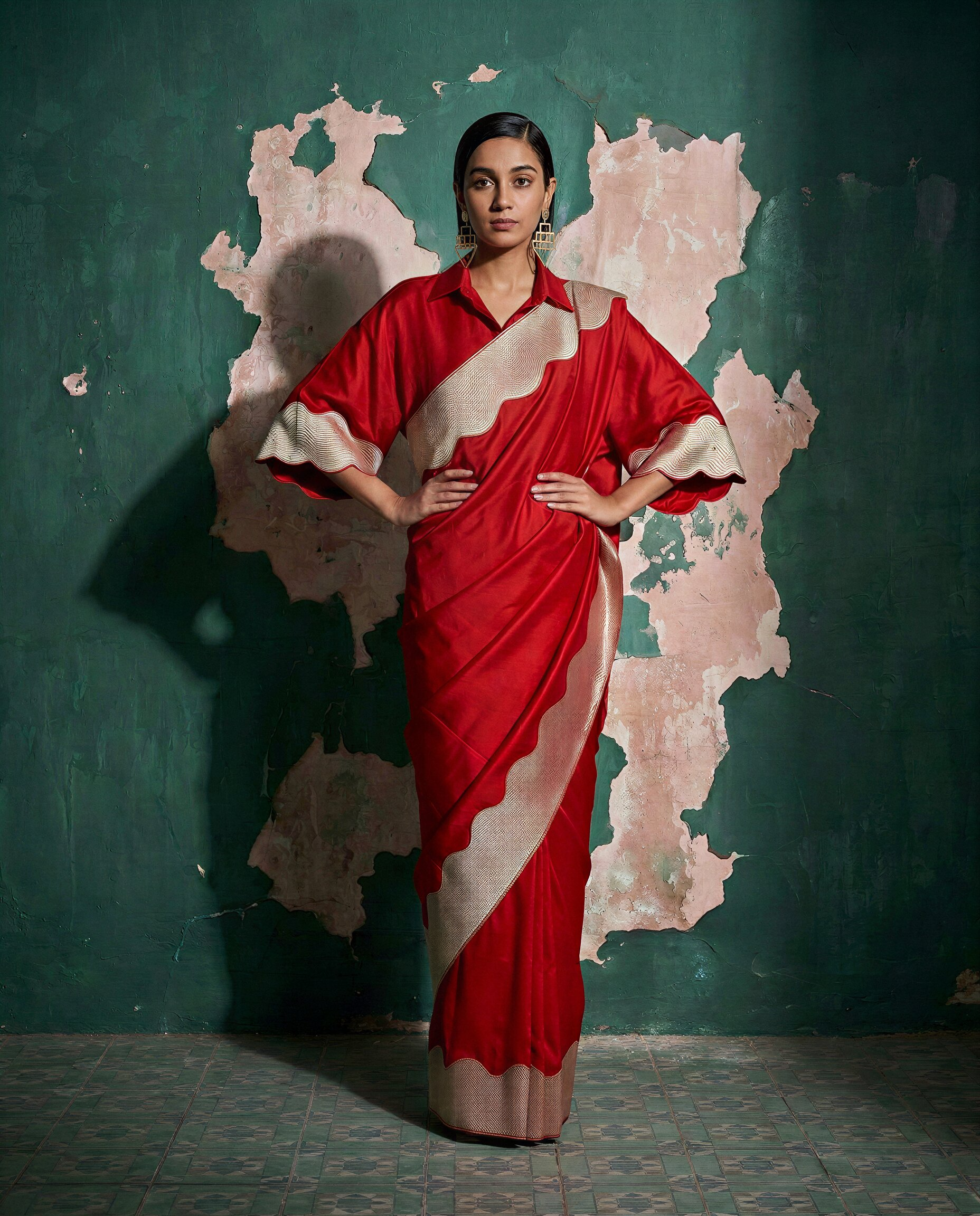 Red Banaras with Gold Scallops