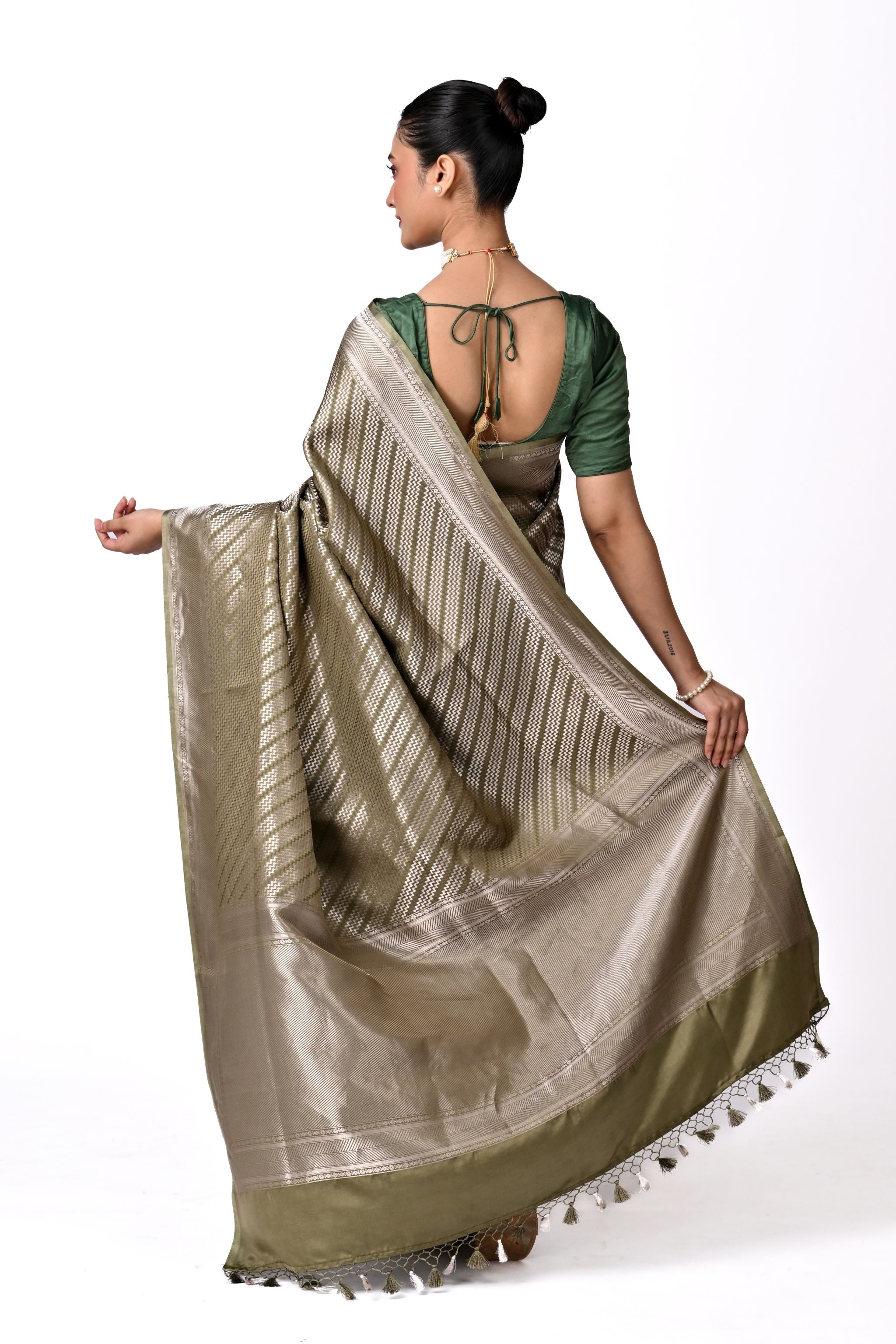 Olive Silver Pure Brocade Saree