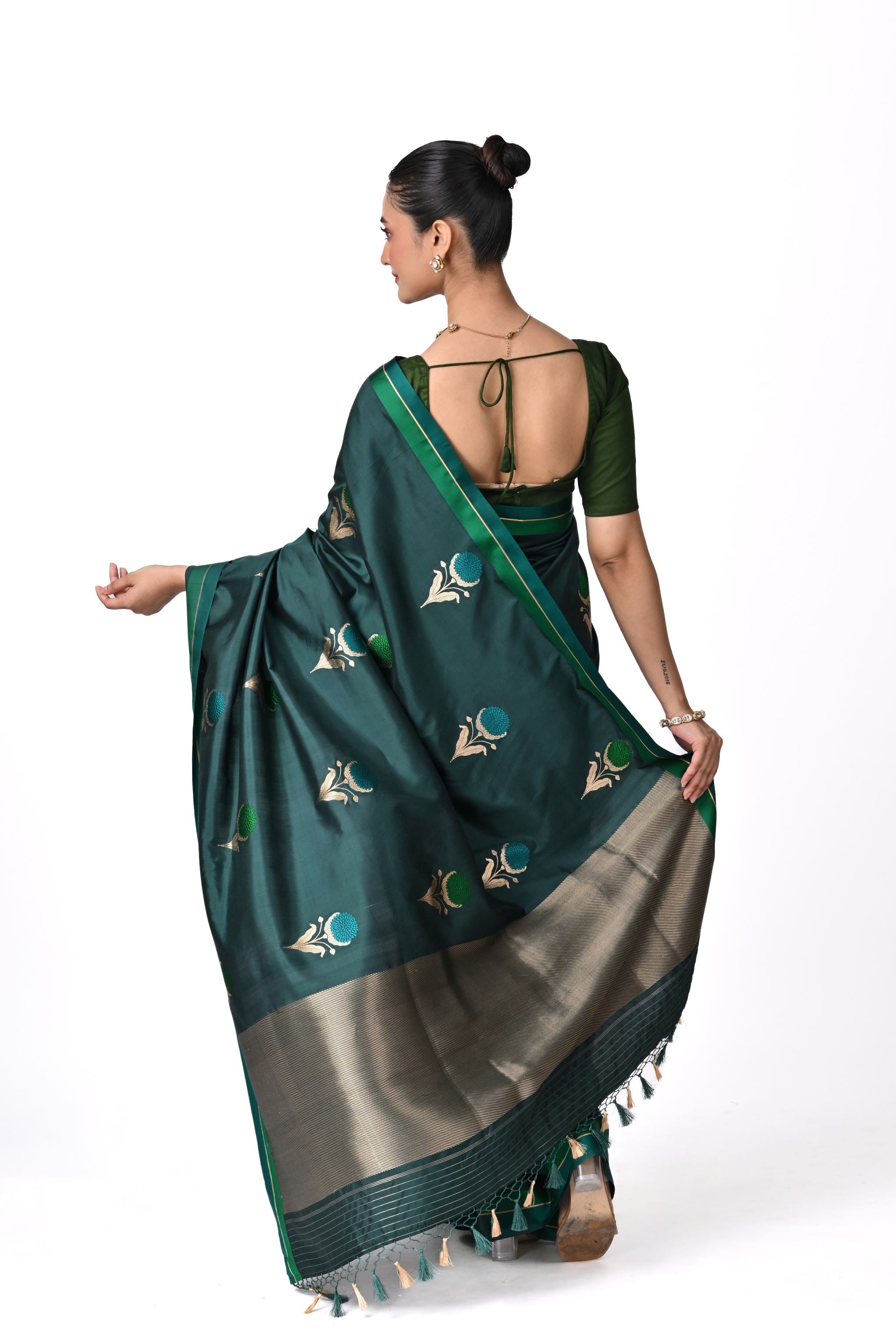 Green Handcrafted Banaras with Botanical Butas