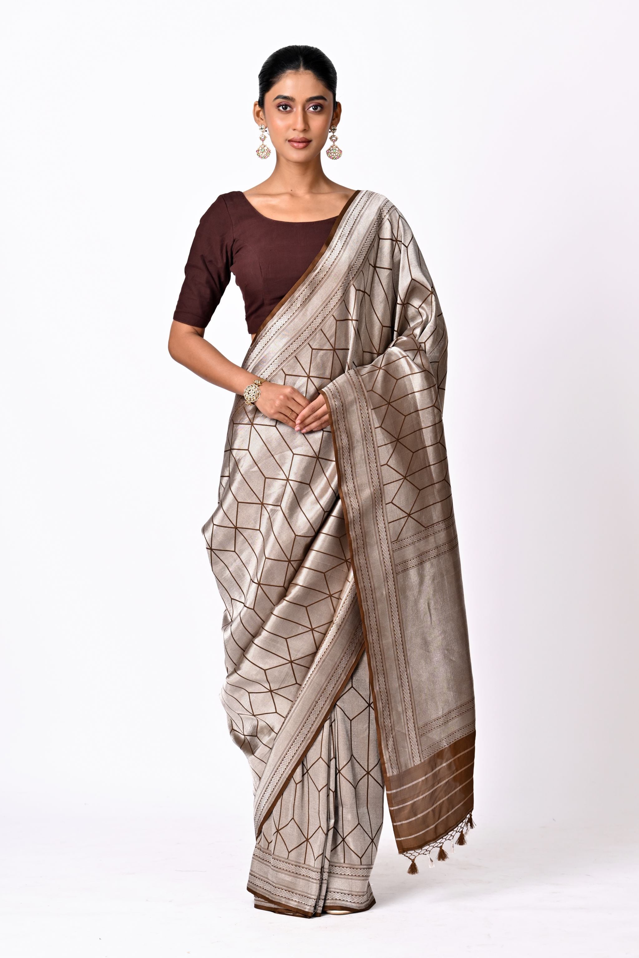 Silver & Brown Benaras Brocade Saree