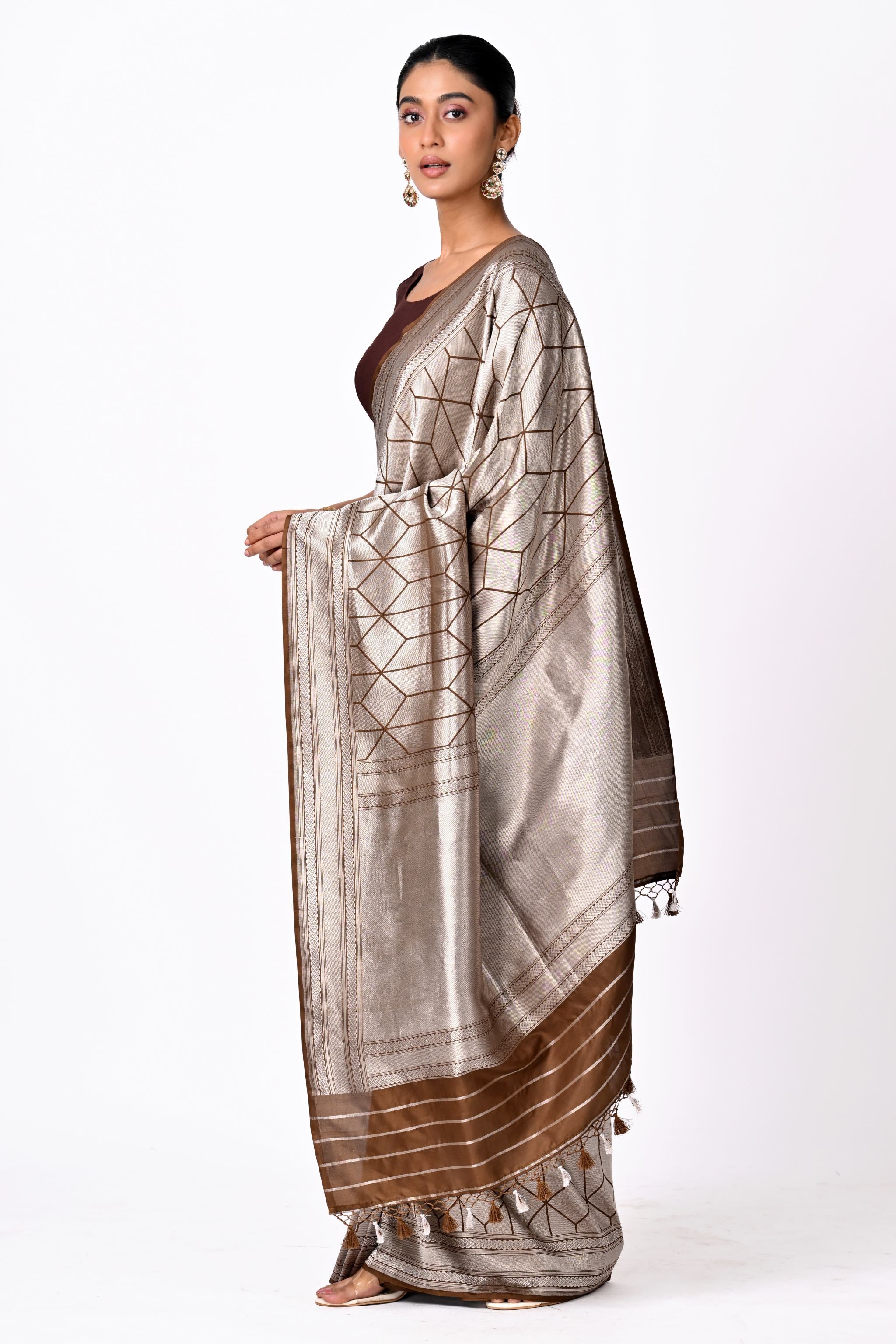 Silver & Brown Benaras Brocade Saree