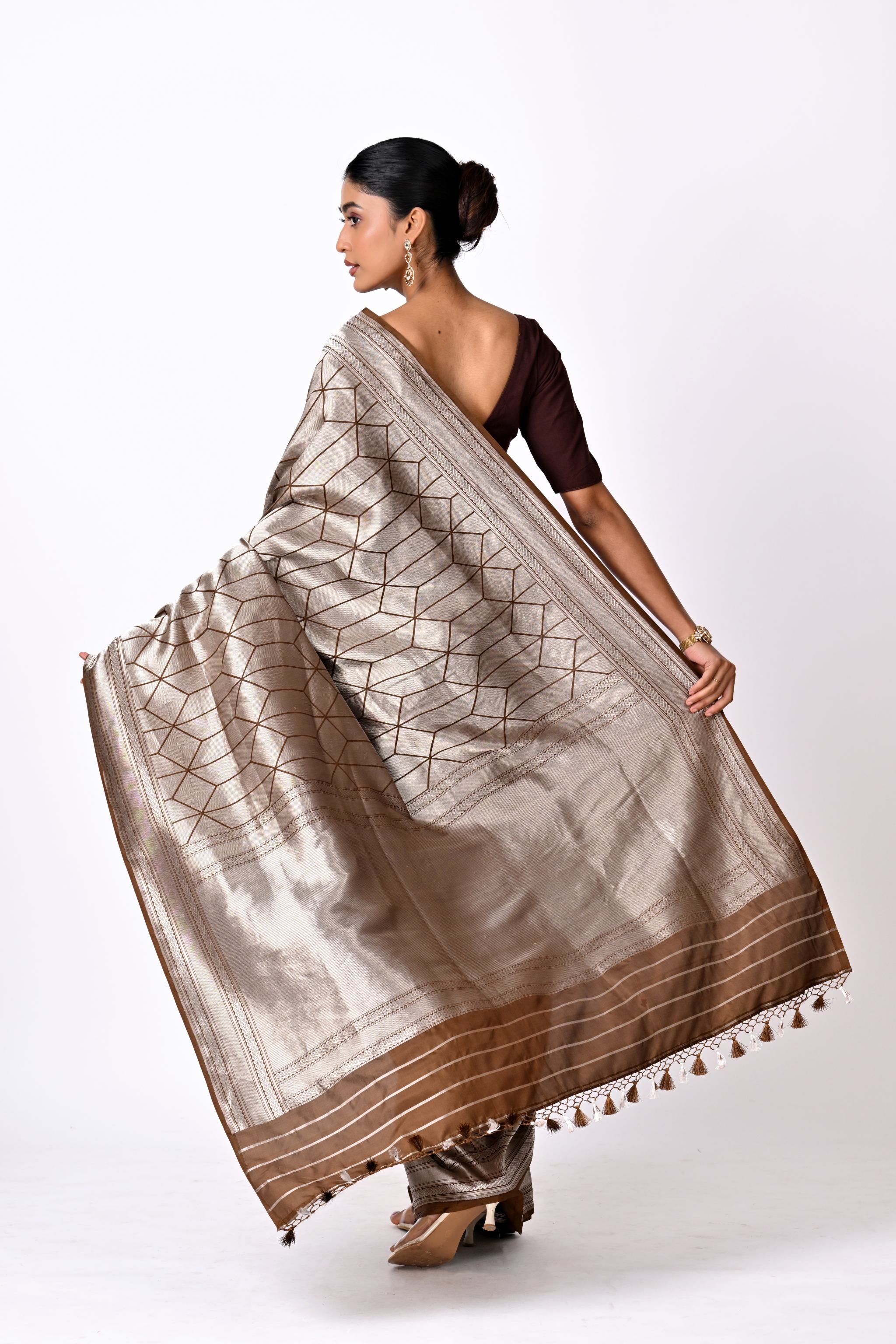 Silver & Brown Benaras Brocade Saree