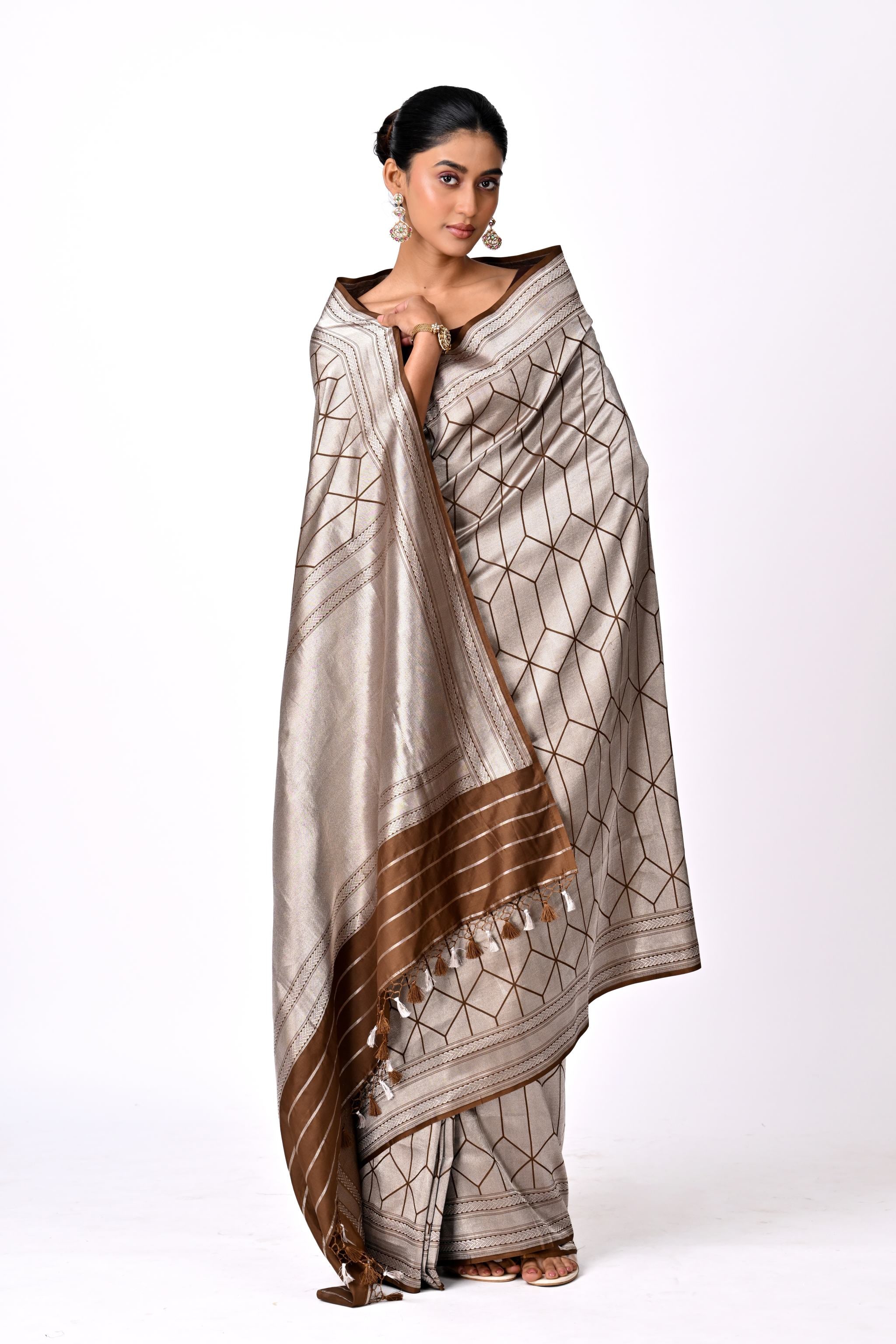 Silver & Brown Benaras Brocade Saree