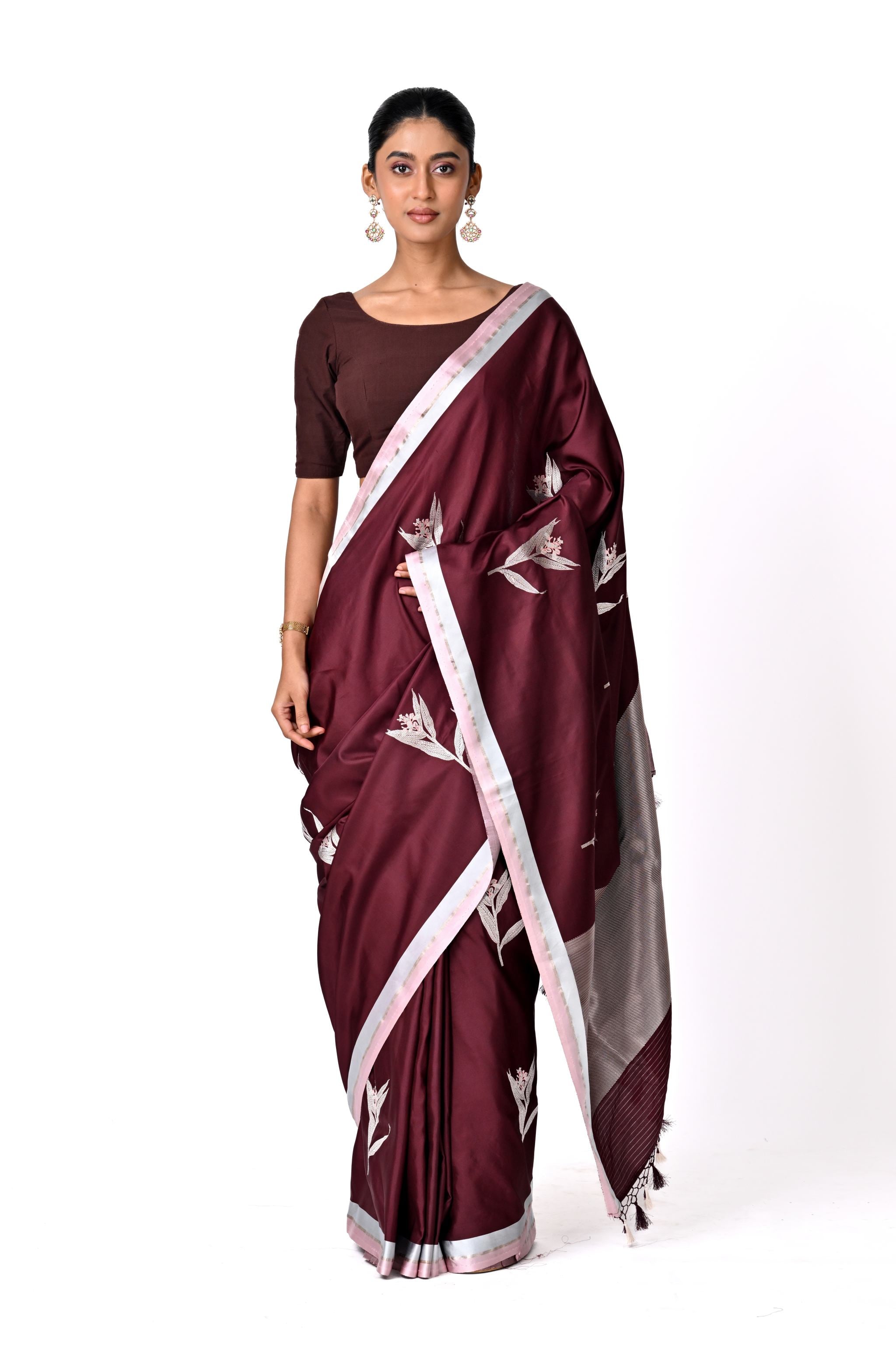Maroon Saree with Silver Botanical Buta