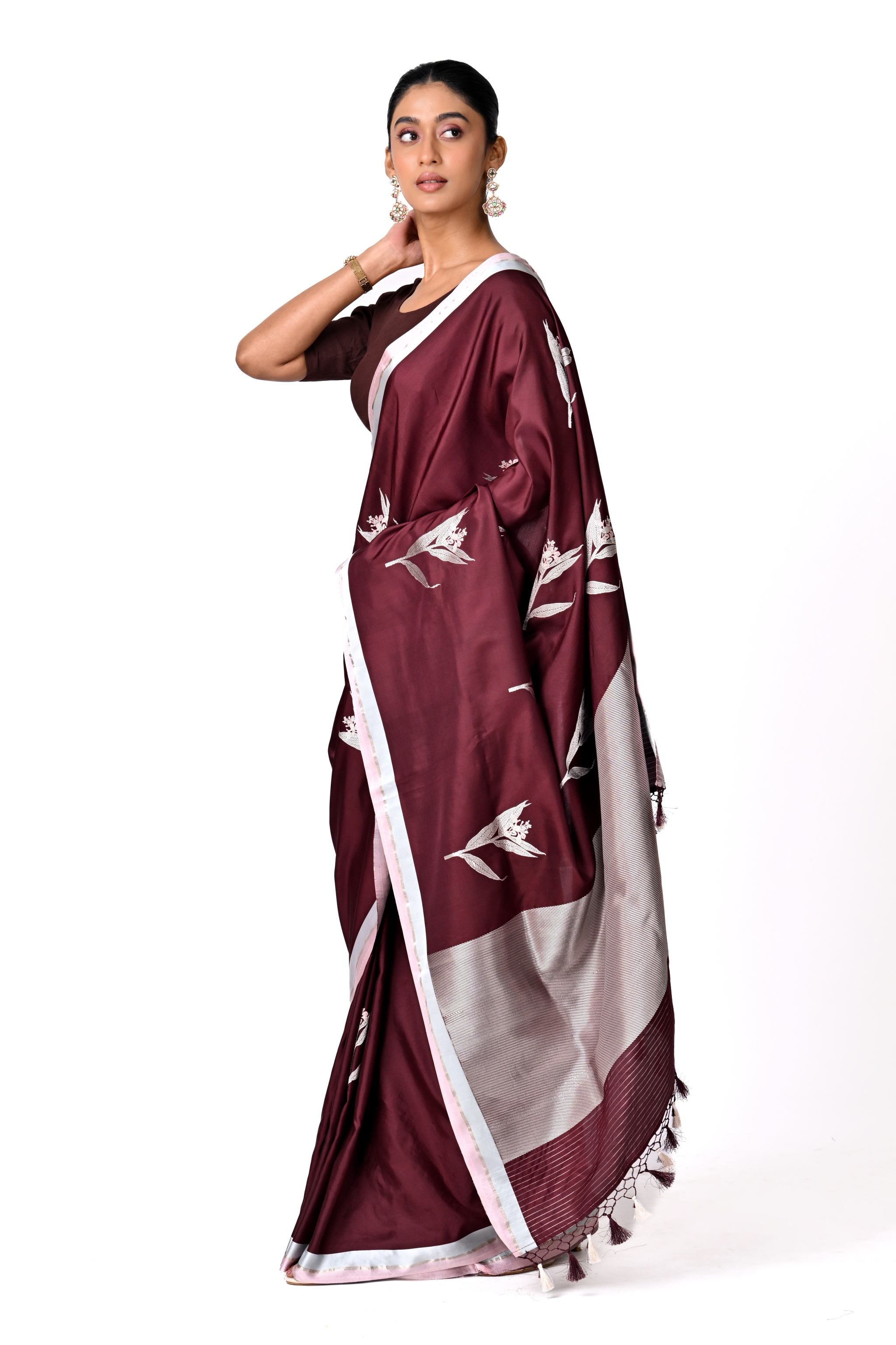 Maroon Banaras with Silver Botanical Buta