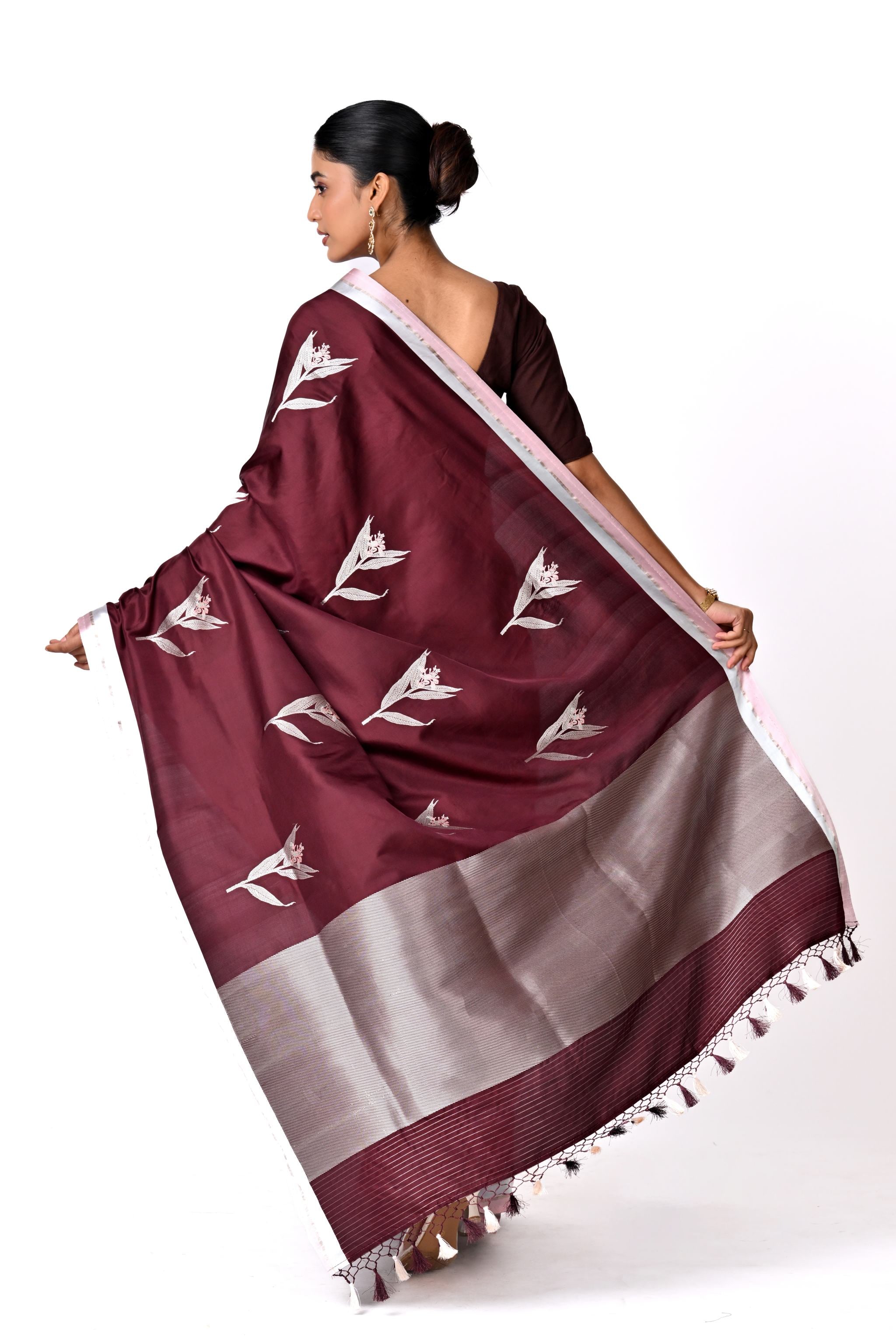 Maroon Banaras with Silver Botanical Buta