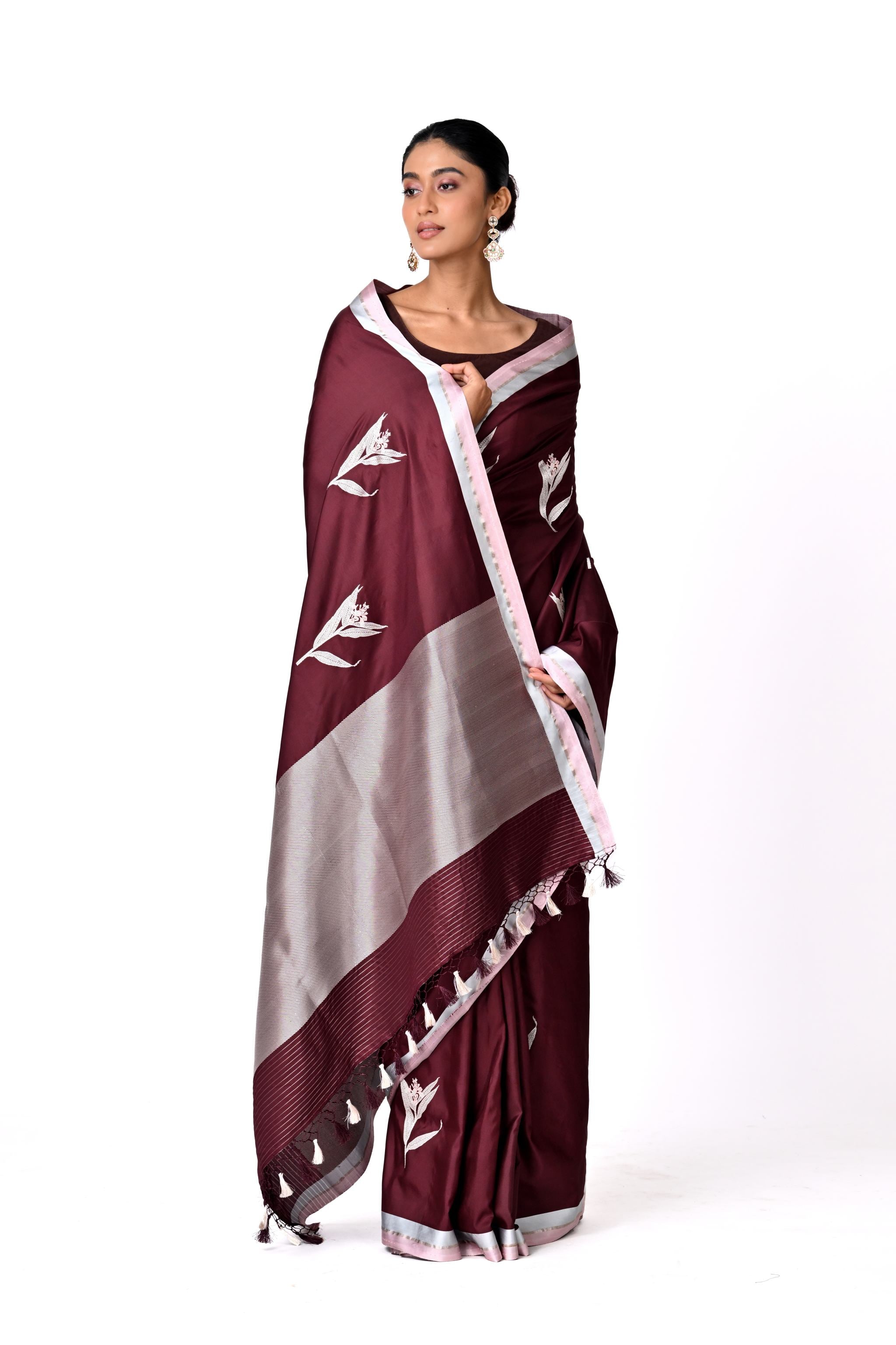 Maroon Banaras with Silver Botanical Buta