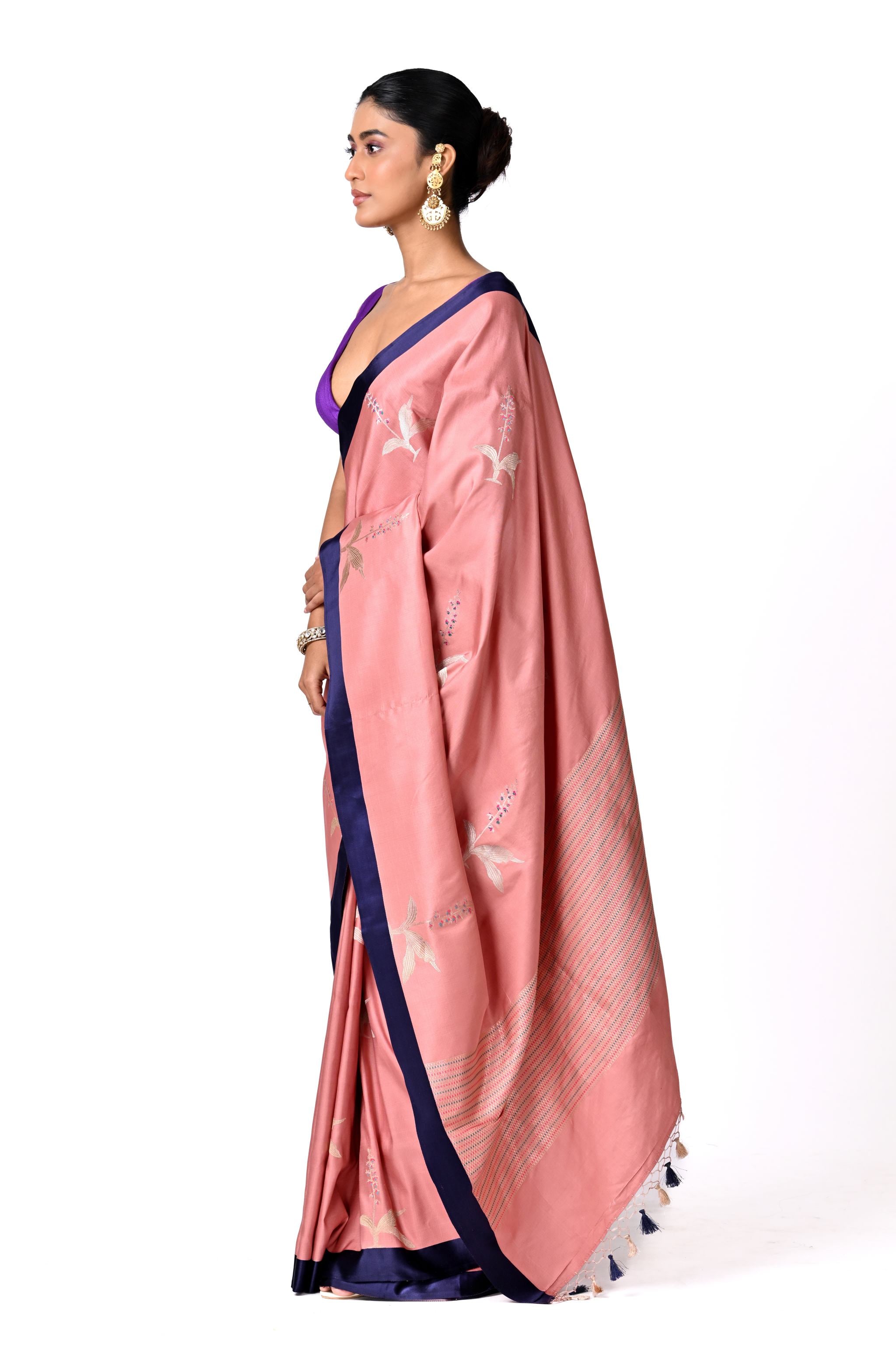 Pink Saree with Navy Border