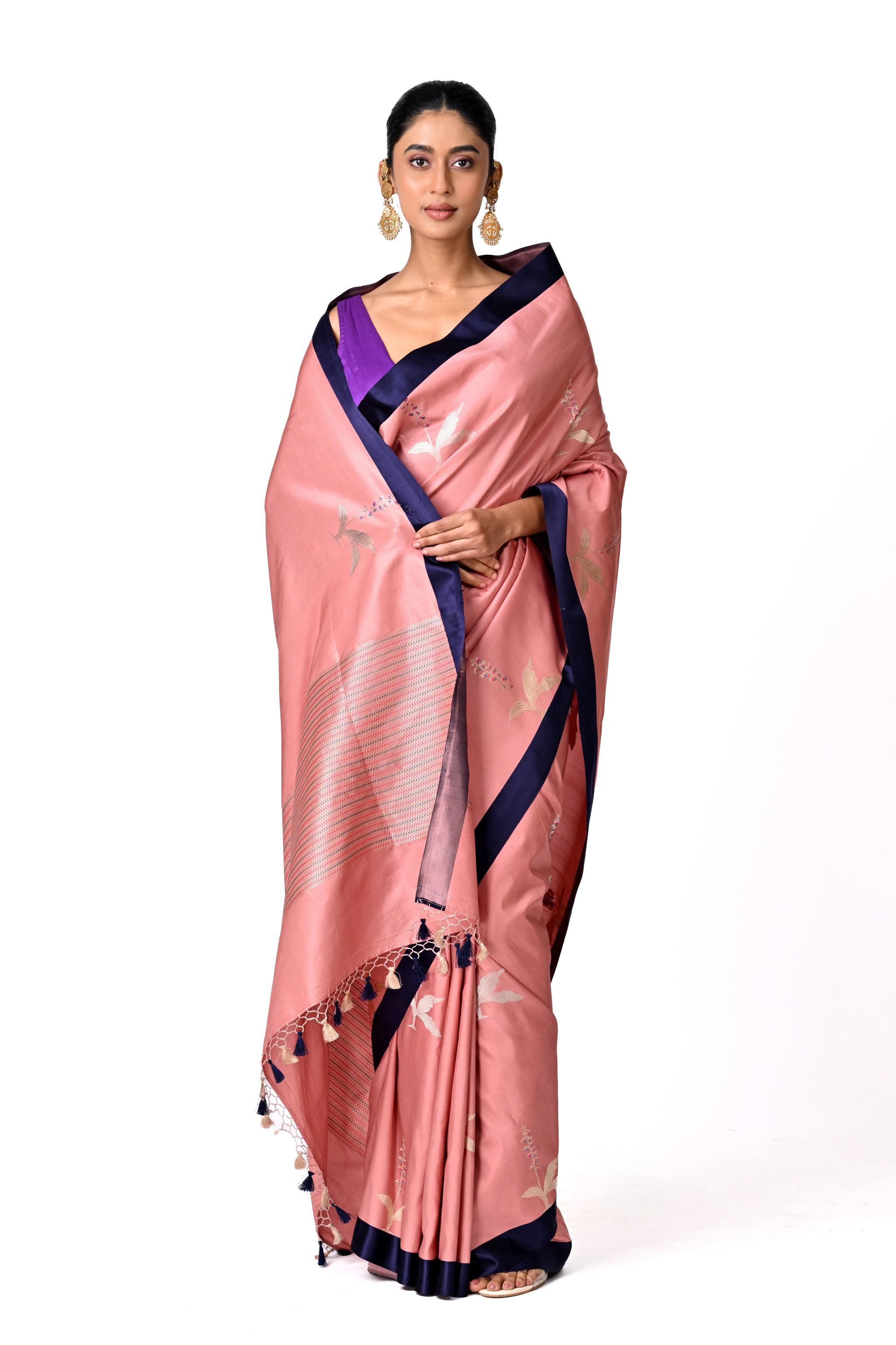 Pink Saree with Navy Border