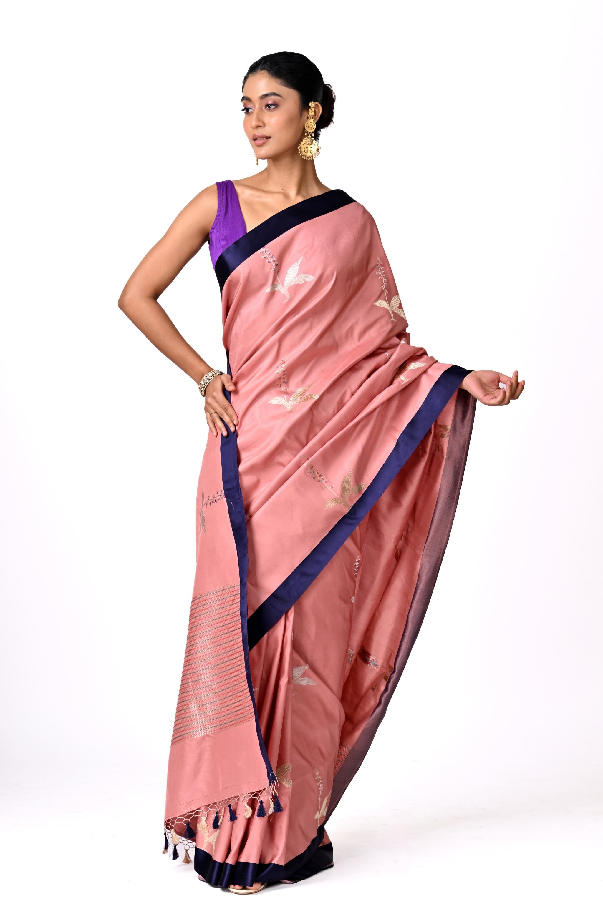 Pink Saree with Navy Border