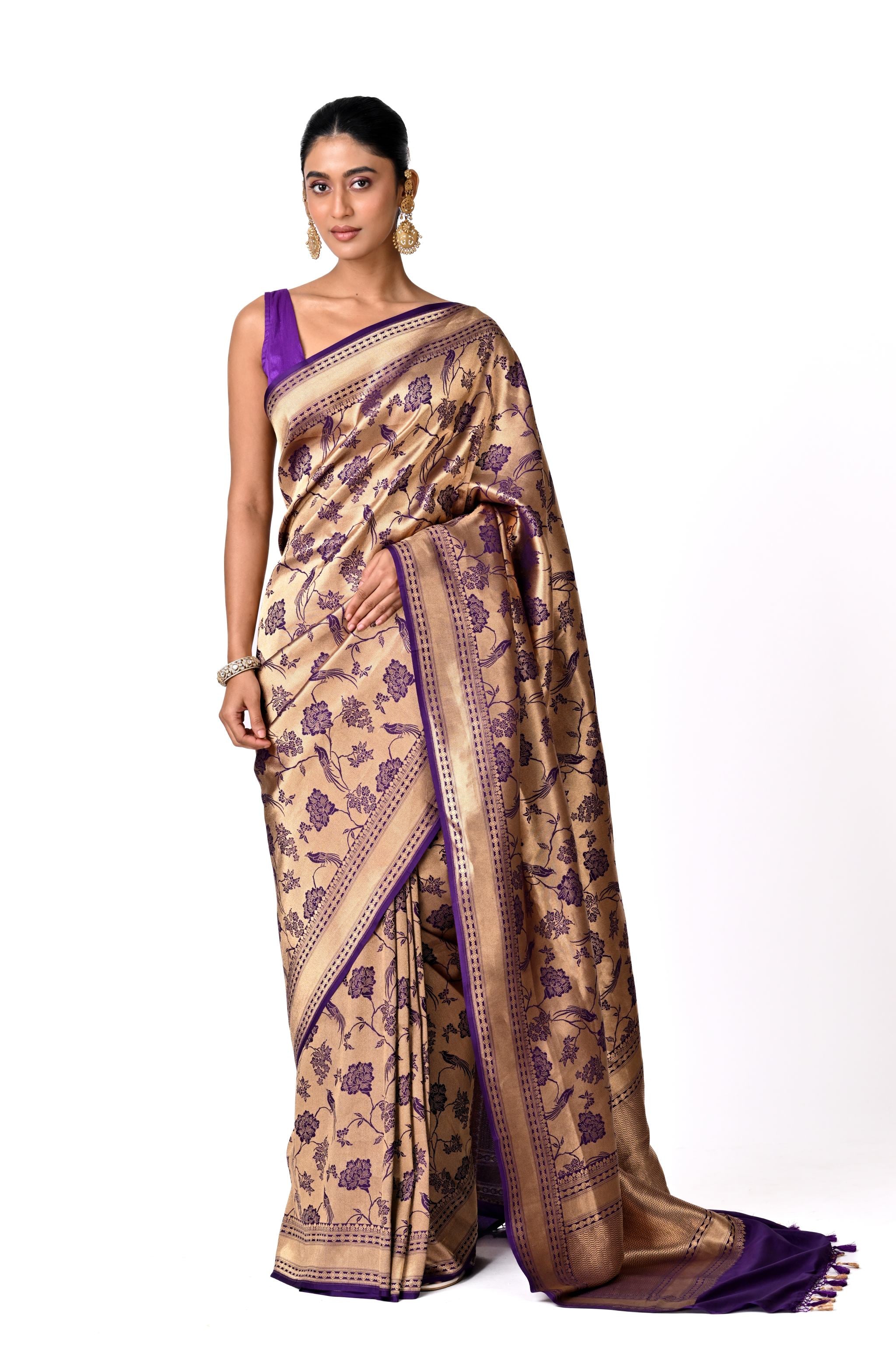 Gold & Purple Floral Brocade Saree