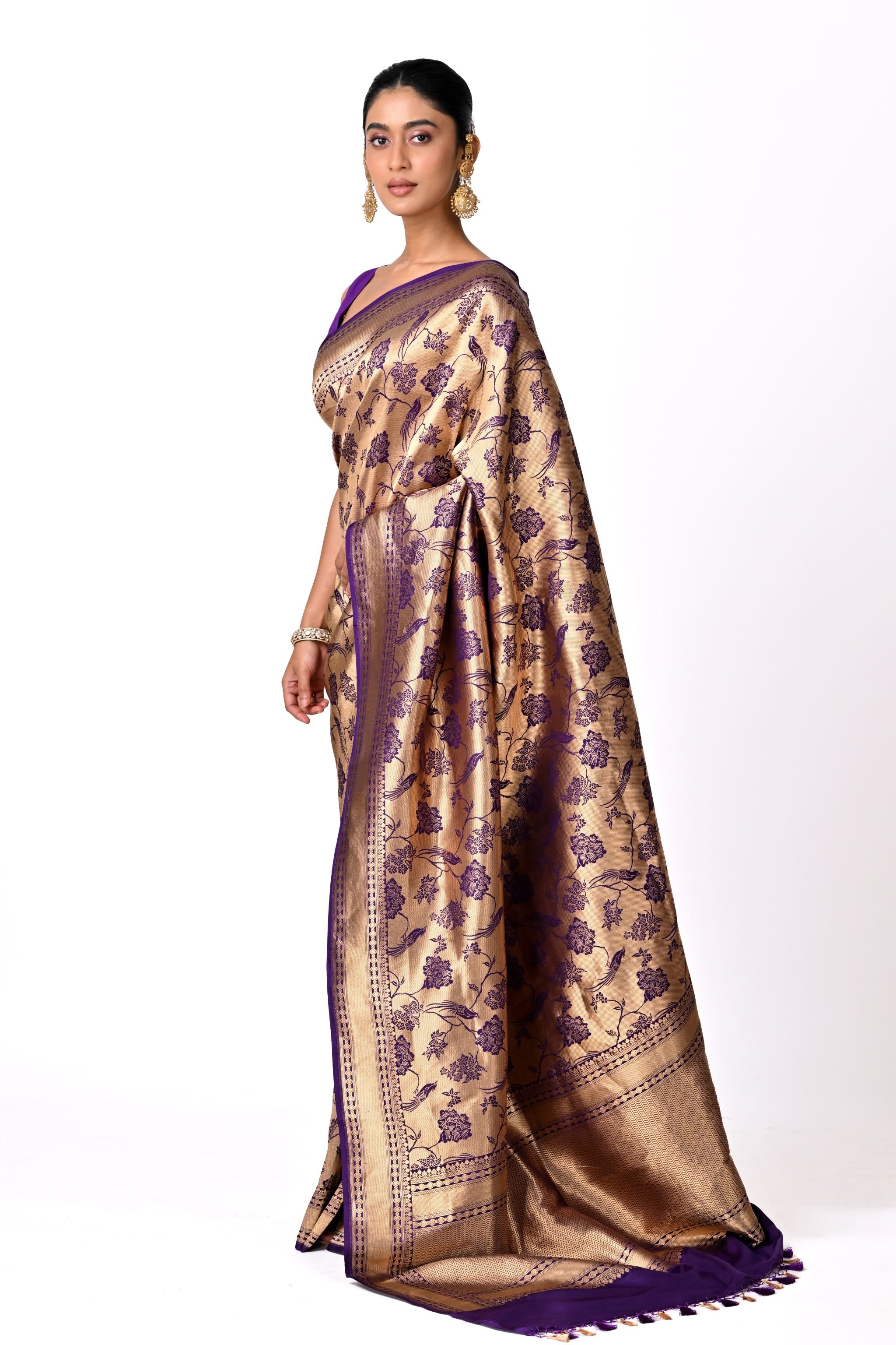 Gold & Purple Floral Brocade Saree