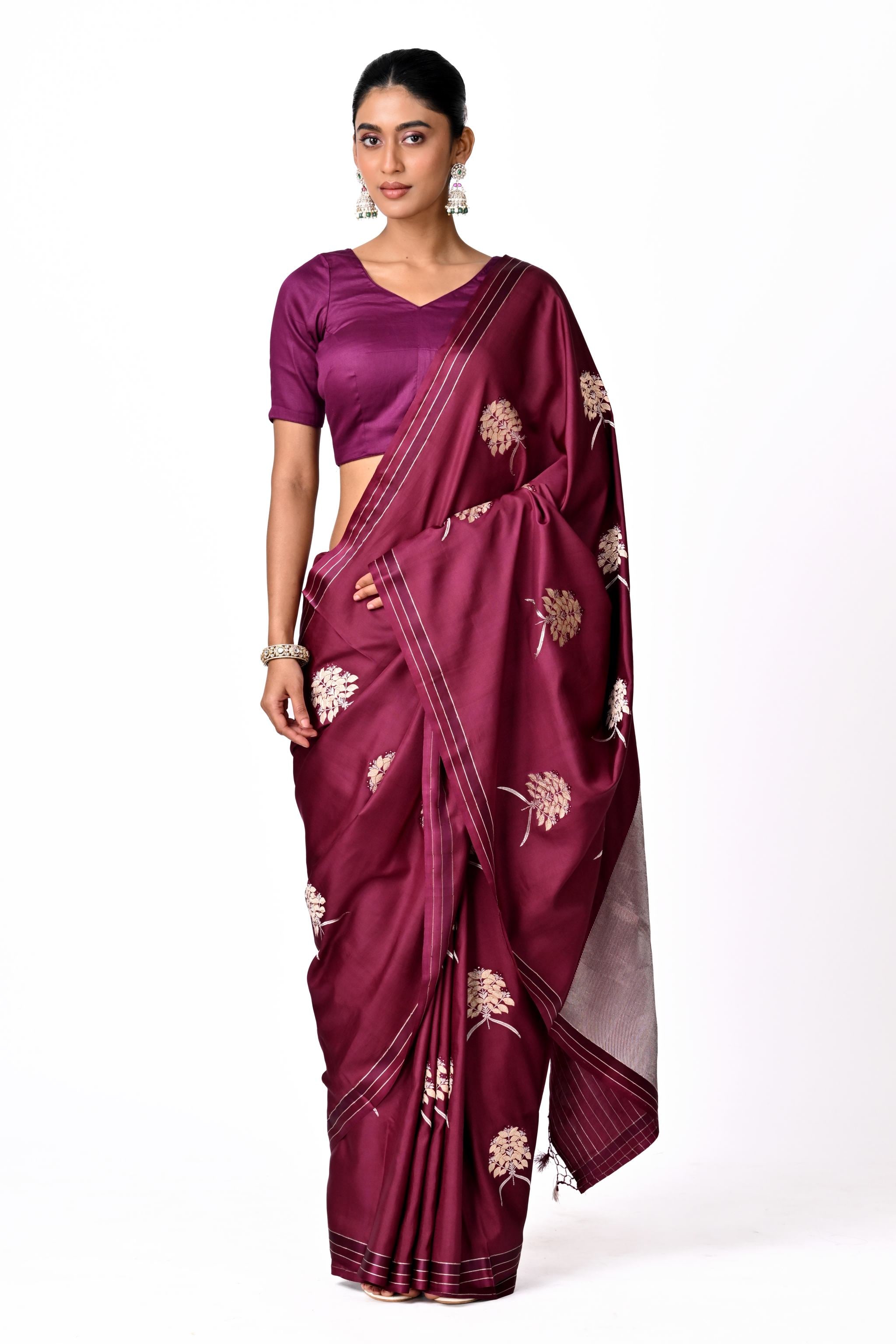 Maroon Saree with Gold Botanical Buta