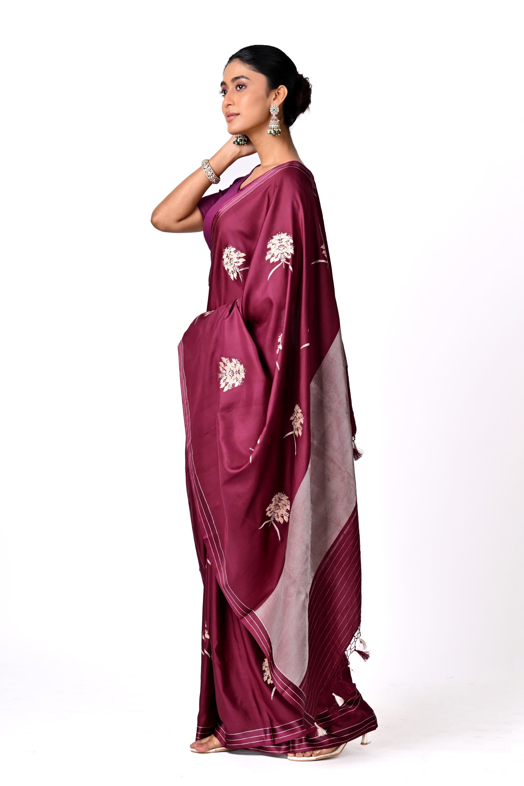 Maroon Saree with Gold Botanical Buta
