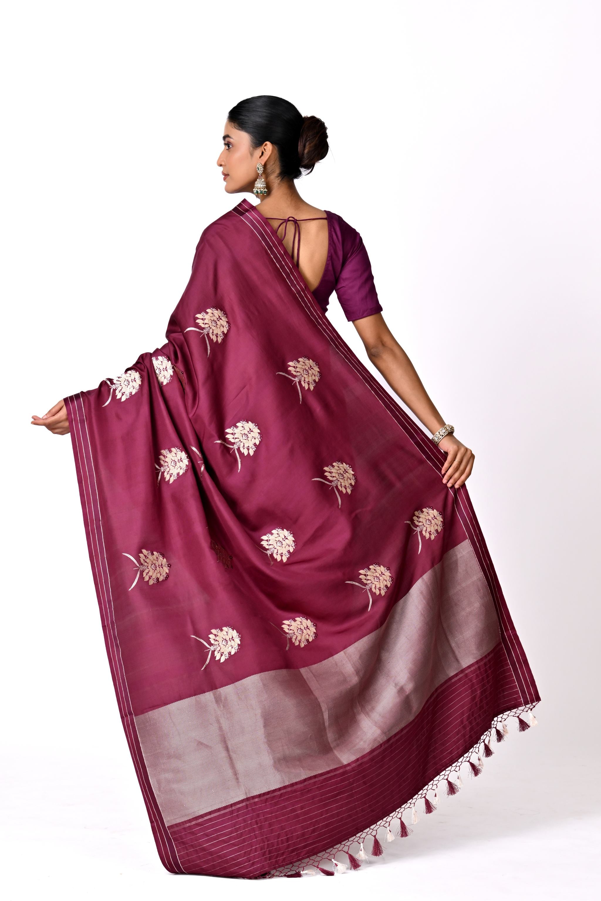 Maroon Saree with Gold Botanical Buta
