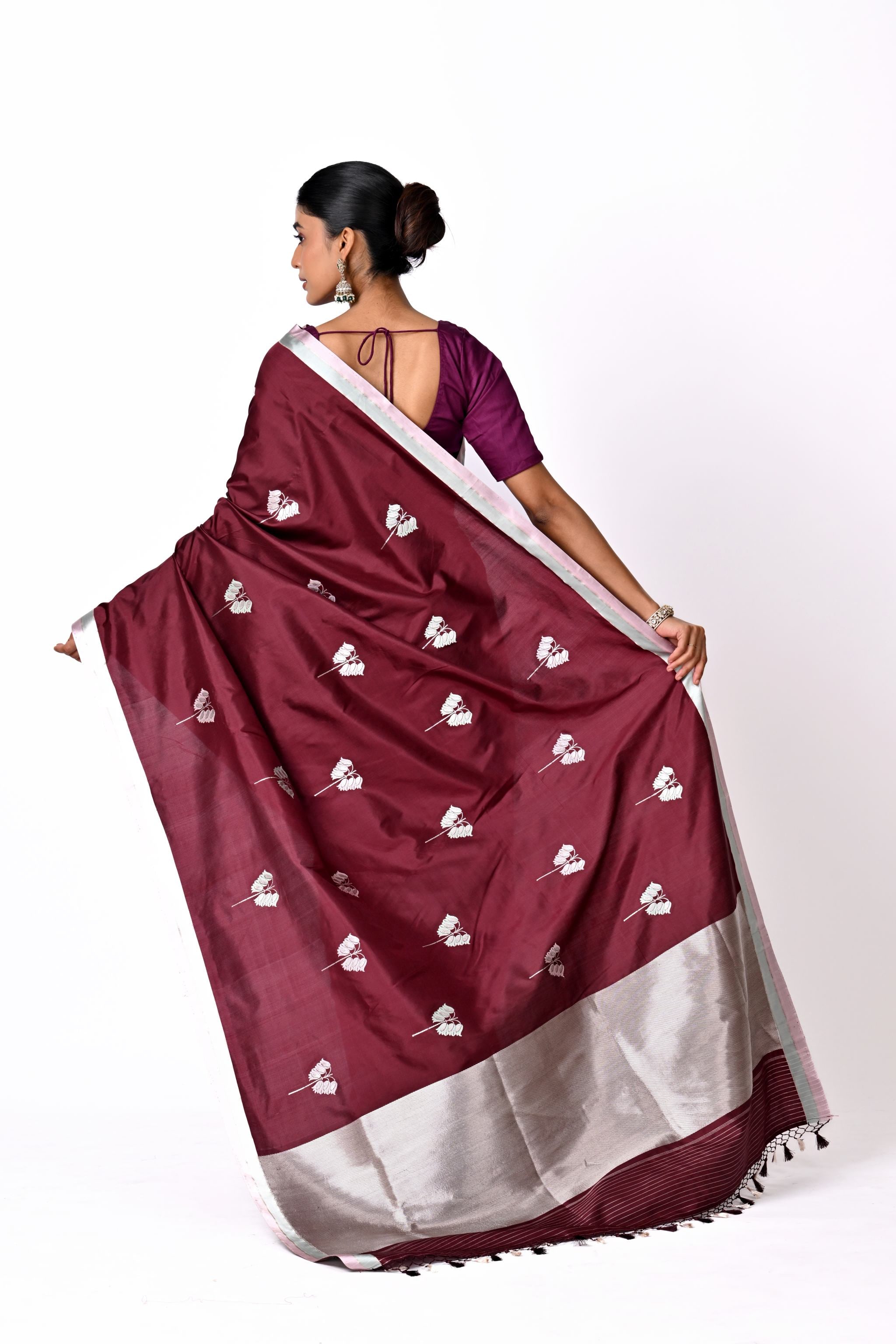Maroon Saree with Silver Buta