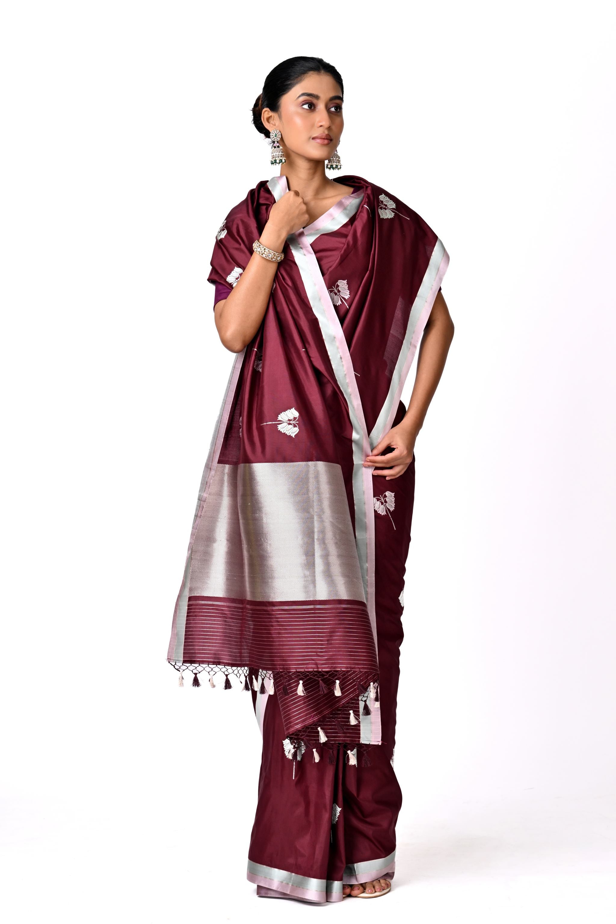 Maroon Saree with Silver Buta