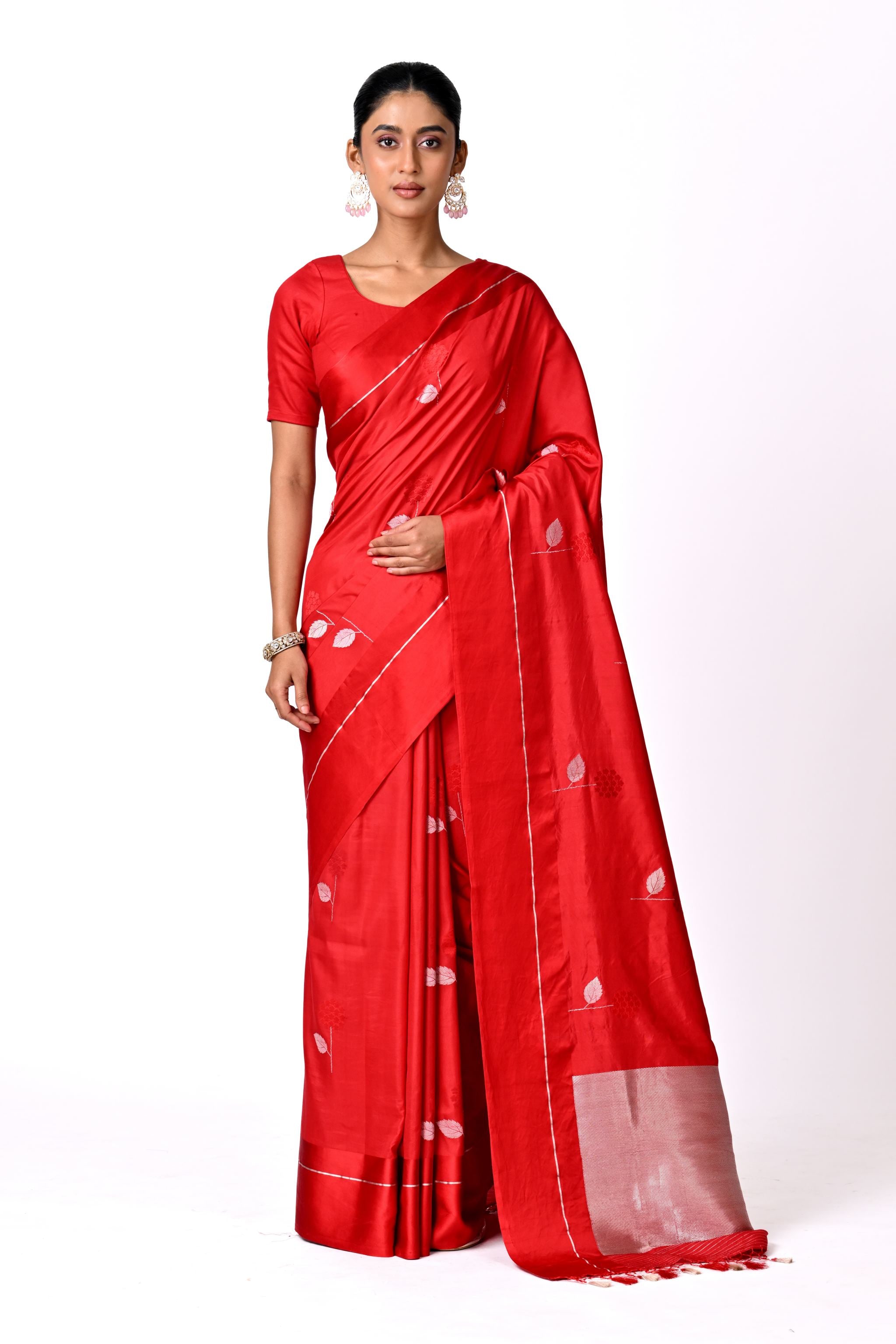Red Saree with Silver and Red Meenakari Buta