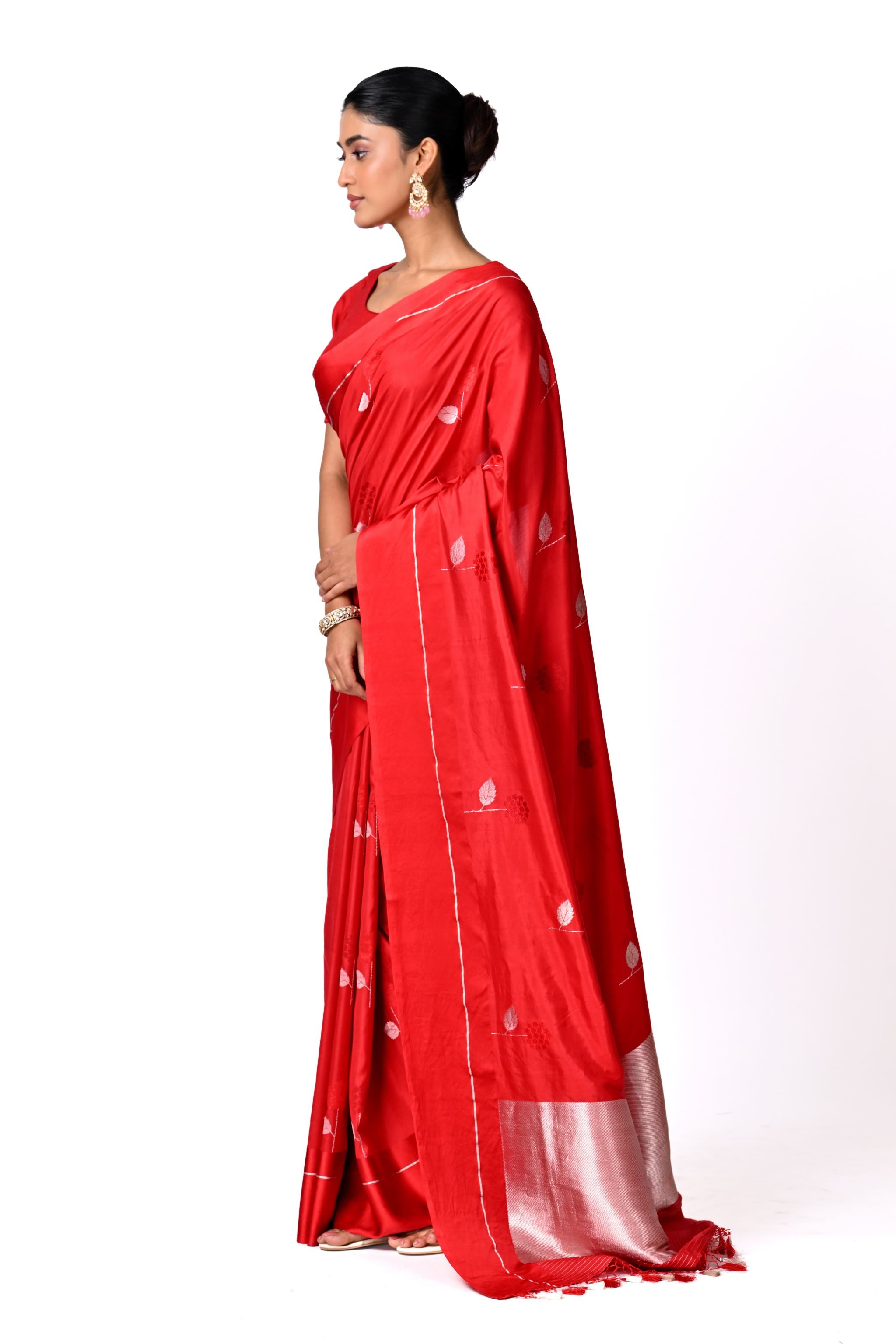 Red Saree with Silver and Red Meenakari Buta