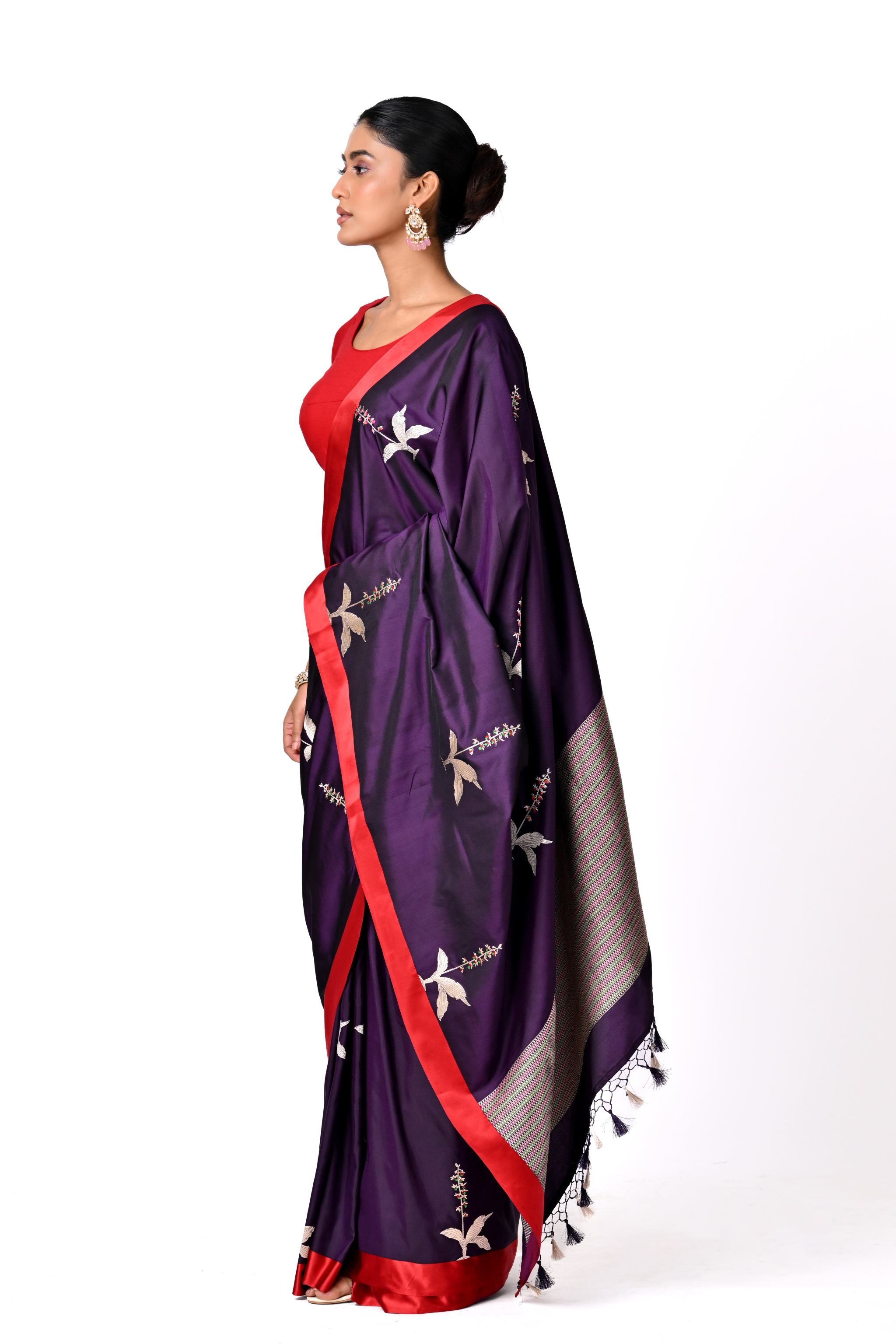 Purple Saree with Silver Botanical Buta