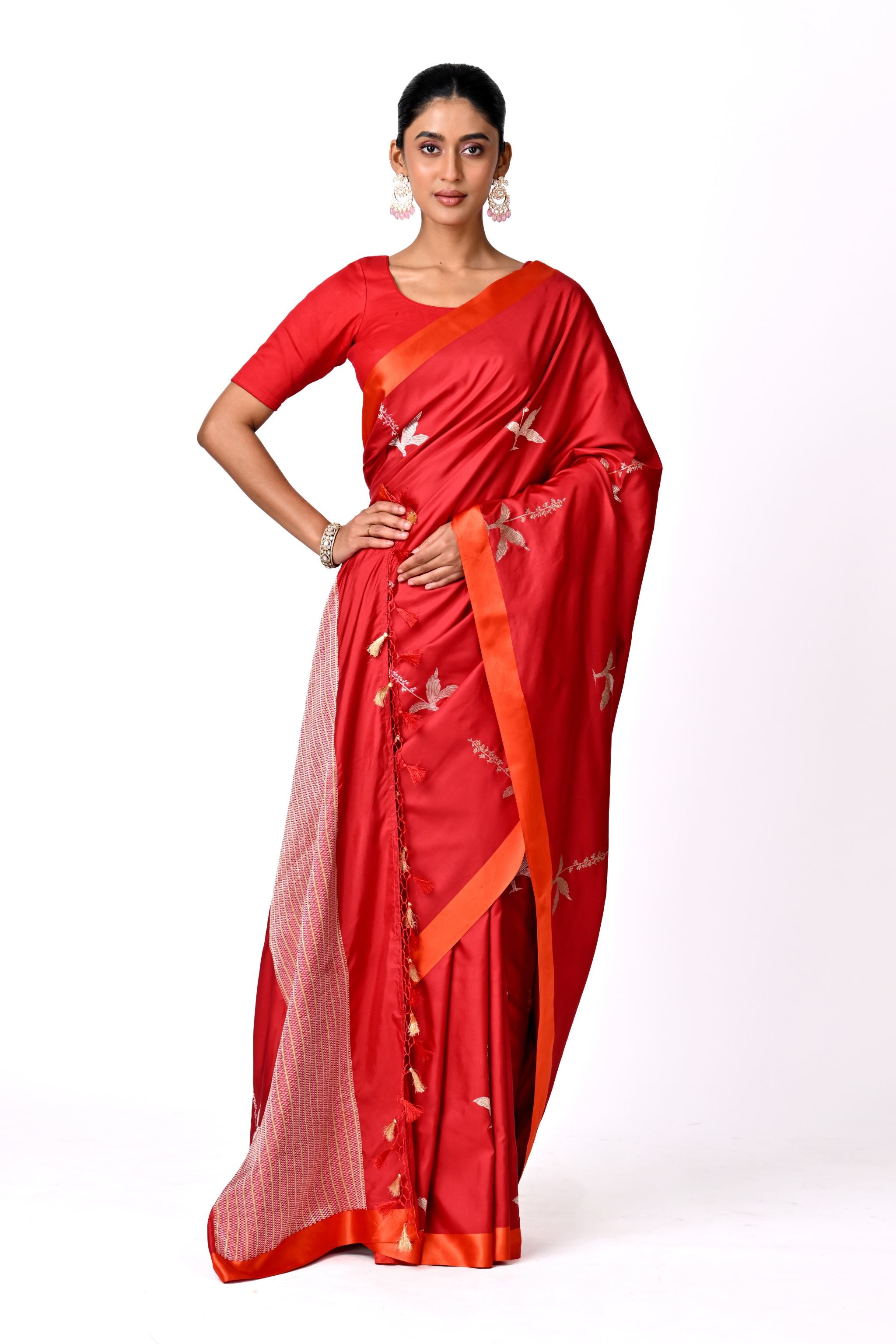 Red Saree with Silver Botanical Buta