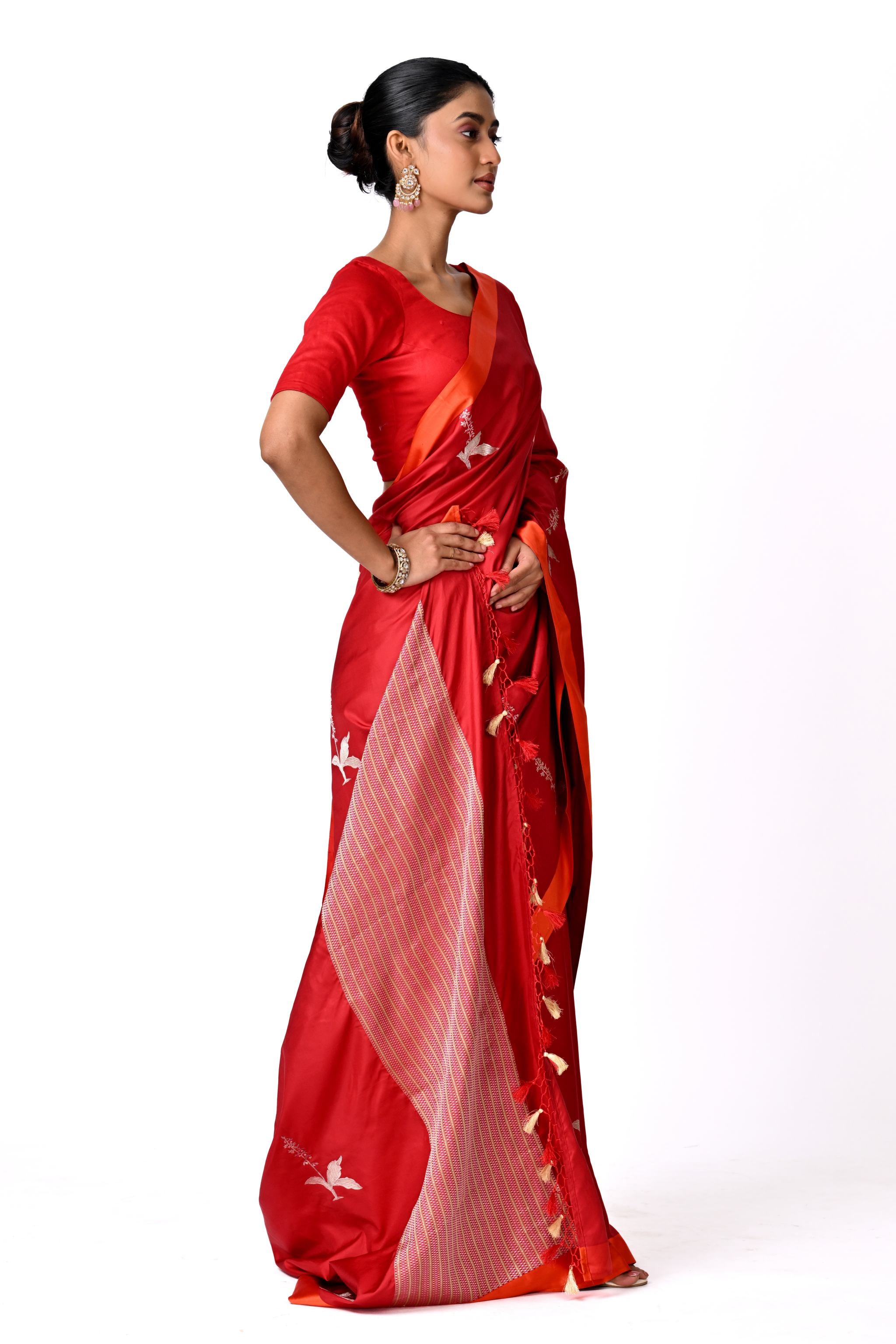 Red Saree with Silver Botanical Buta