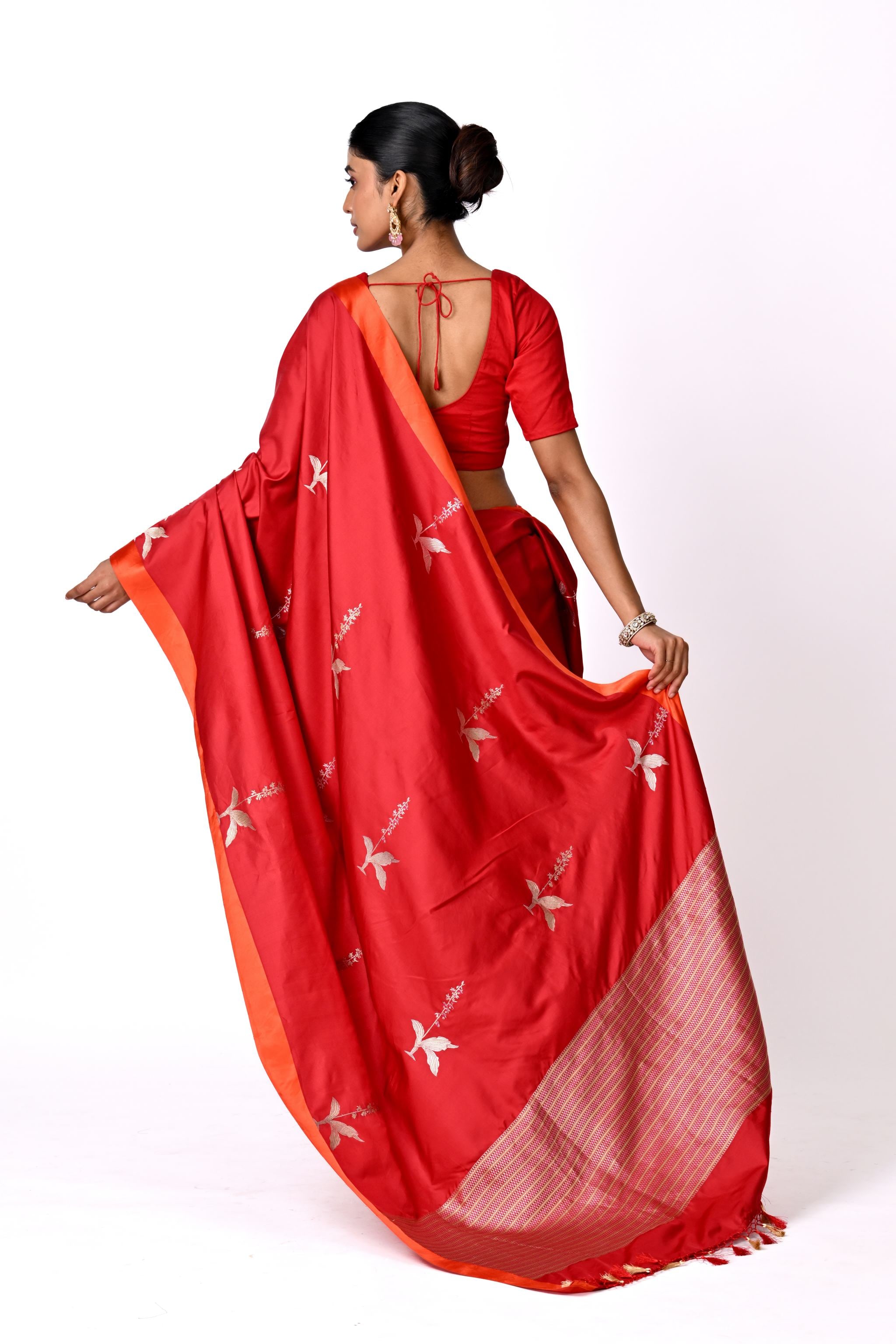 Red Saree with Silver Botanical Buta