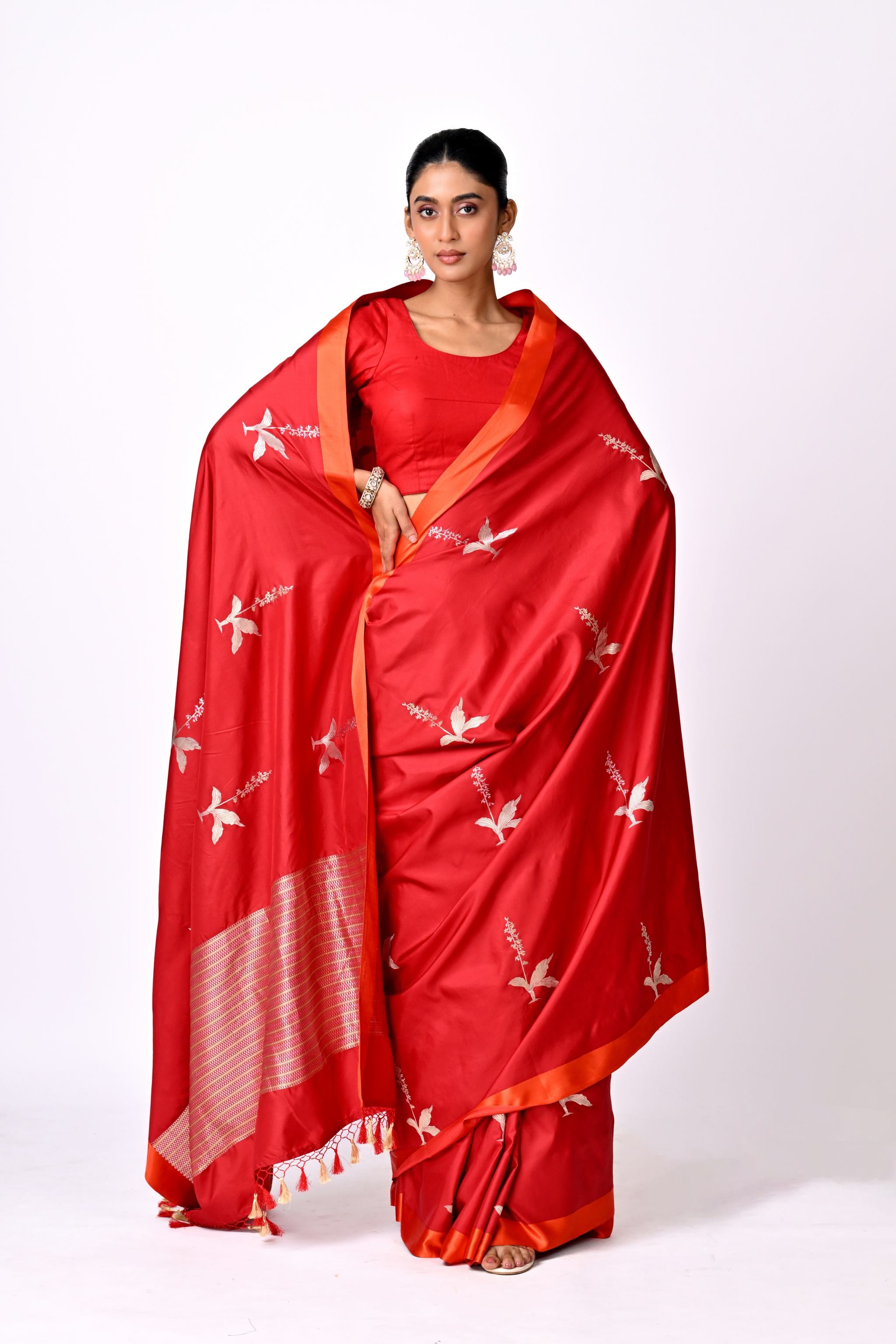 Red Saree with Silver Botanical Buta