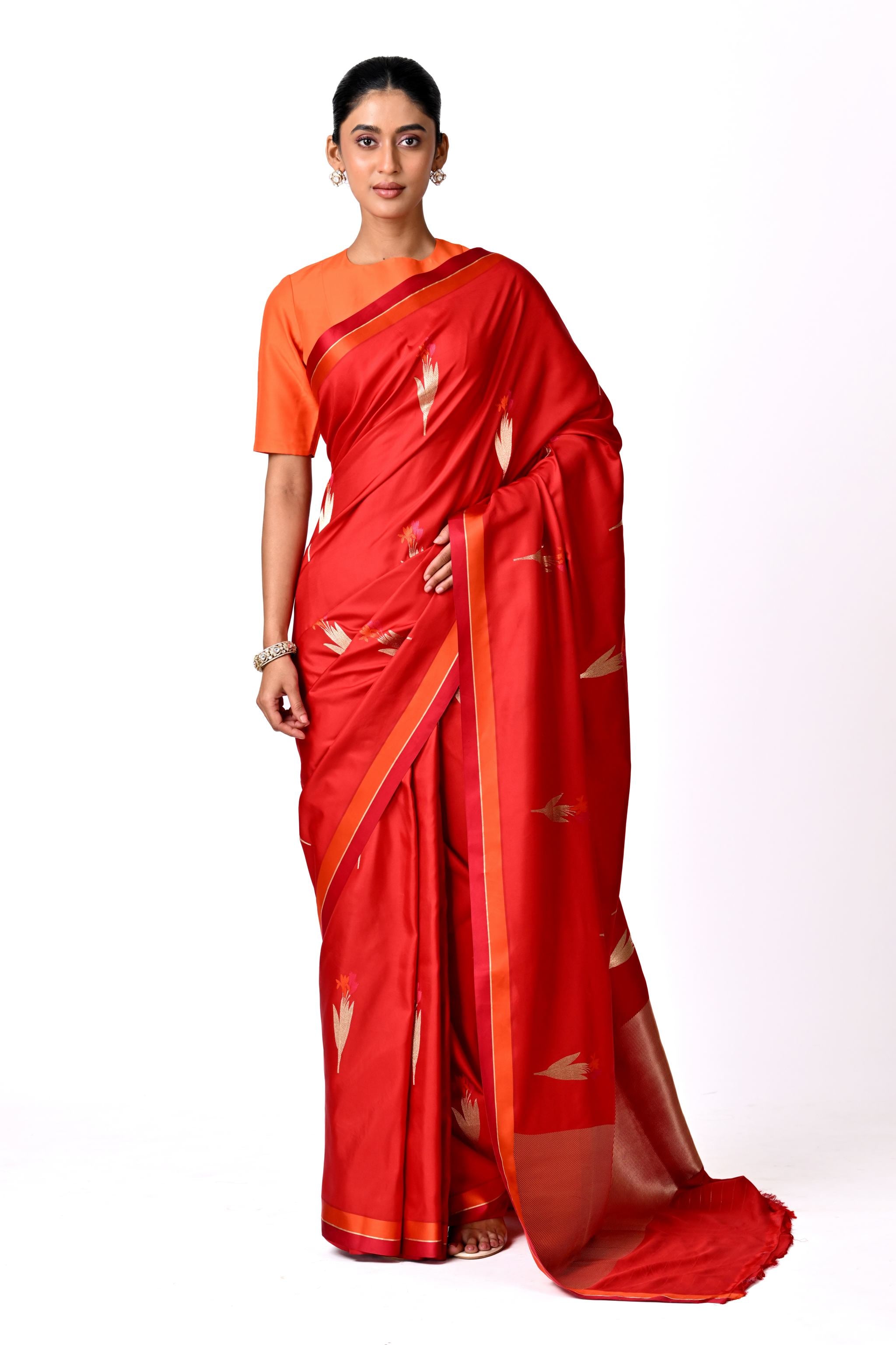 Red with Gold Saree with Botanical Buta