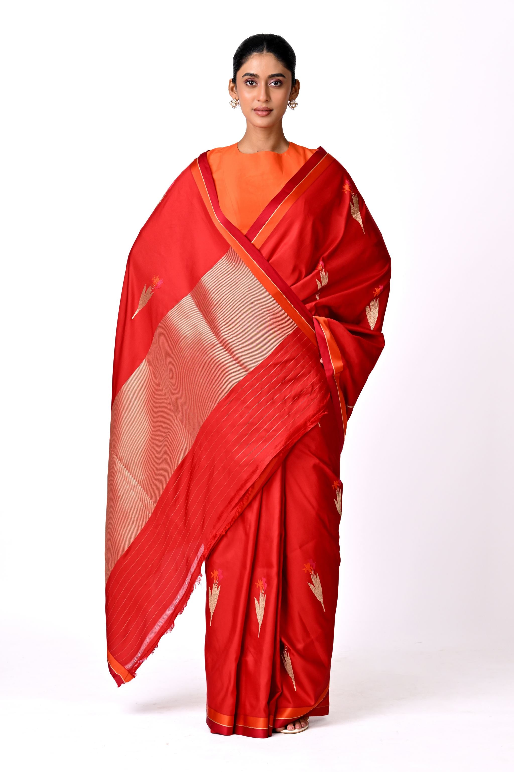 Red with Gold Saree with Botanical Buta