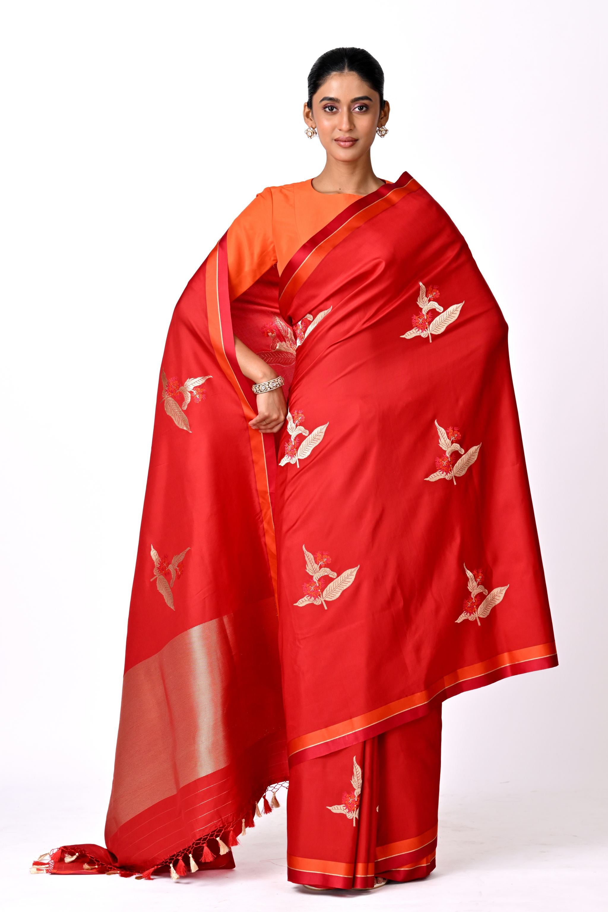 Red Saree with Gold Botanical Buta