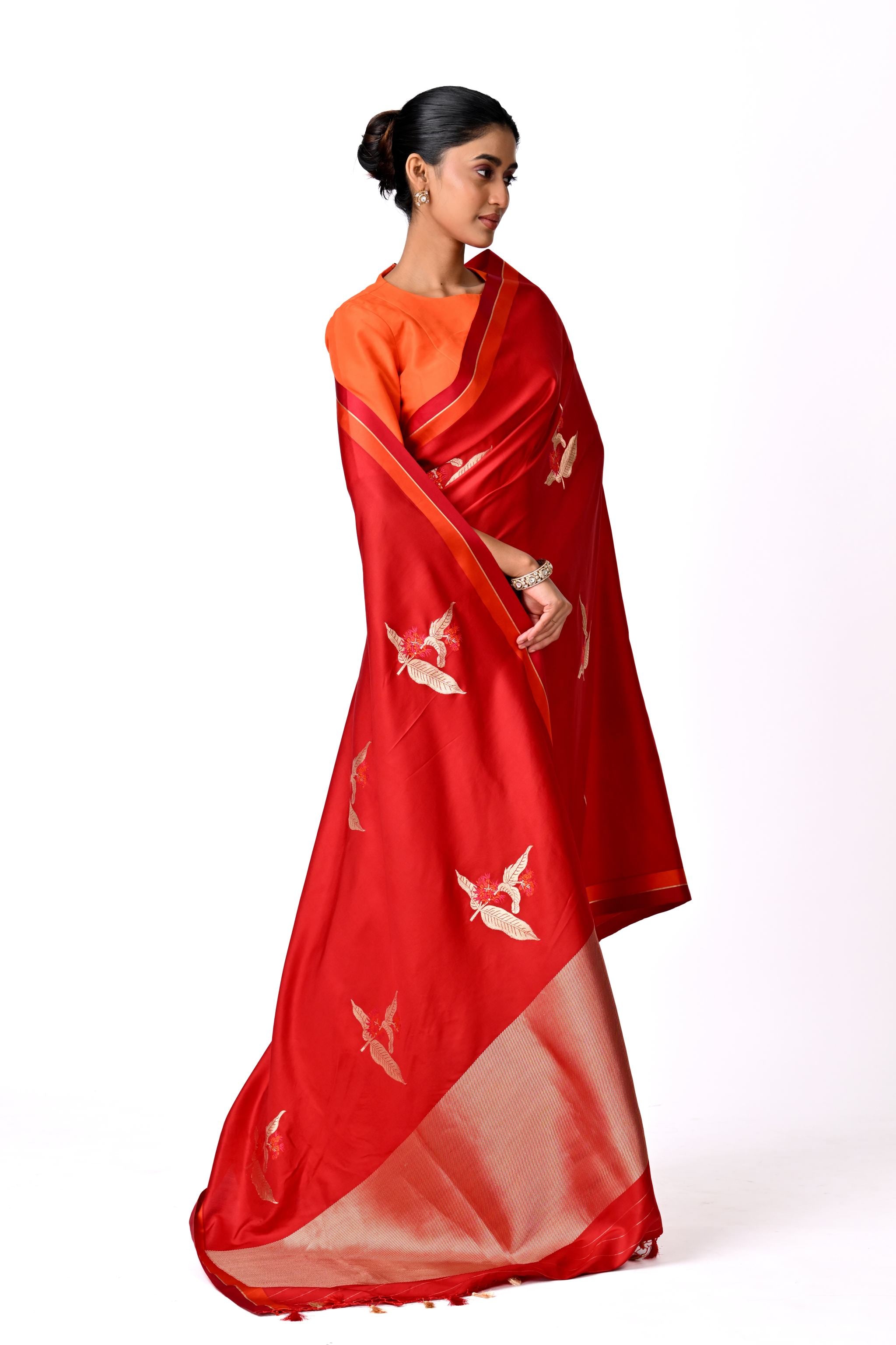 Red Saree with Gold Botanical Buta