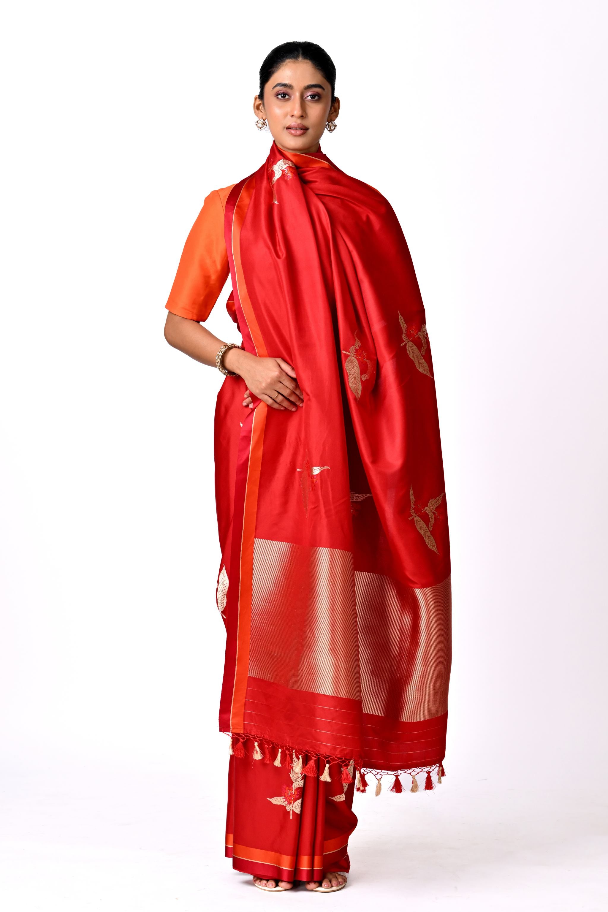Red Saree with Gold Botanical Buta