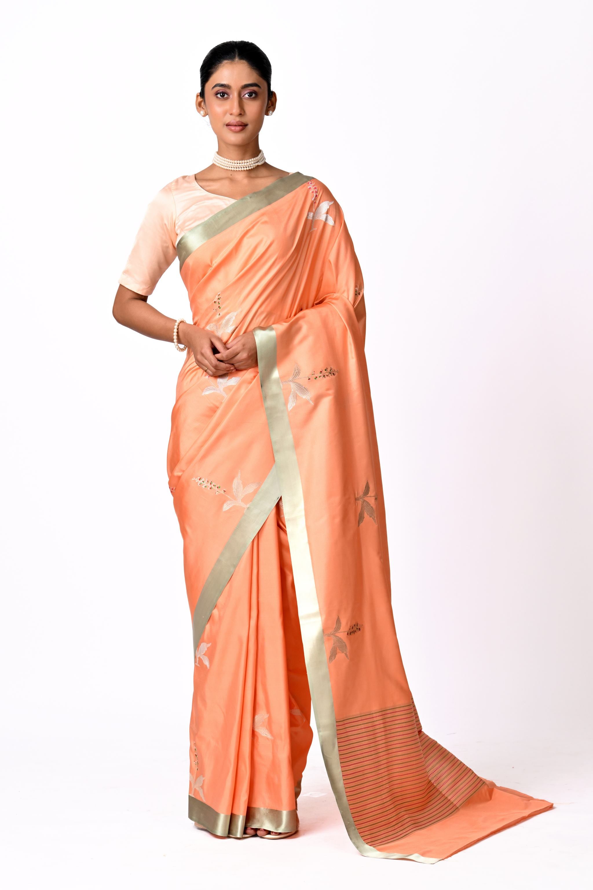Orange-Peach Silk Saree with Botanical Buta
