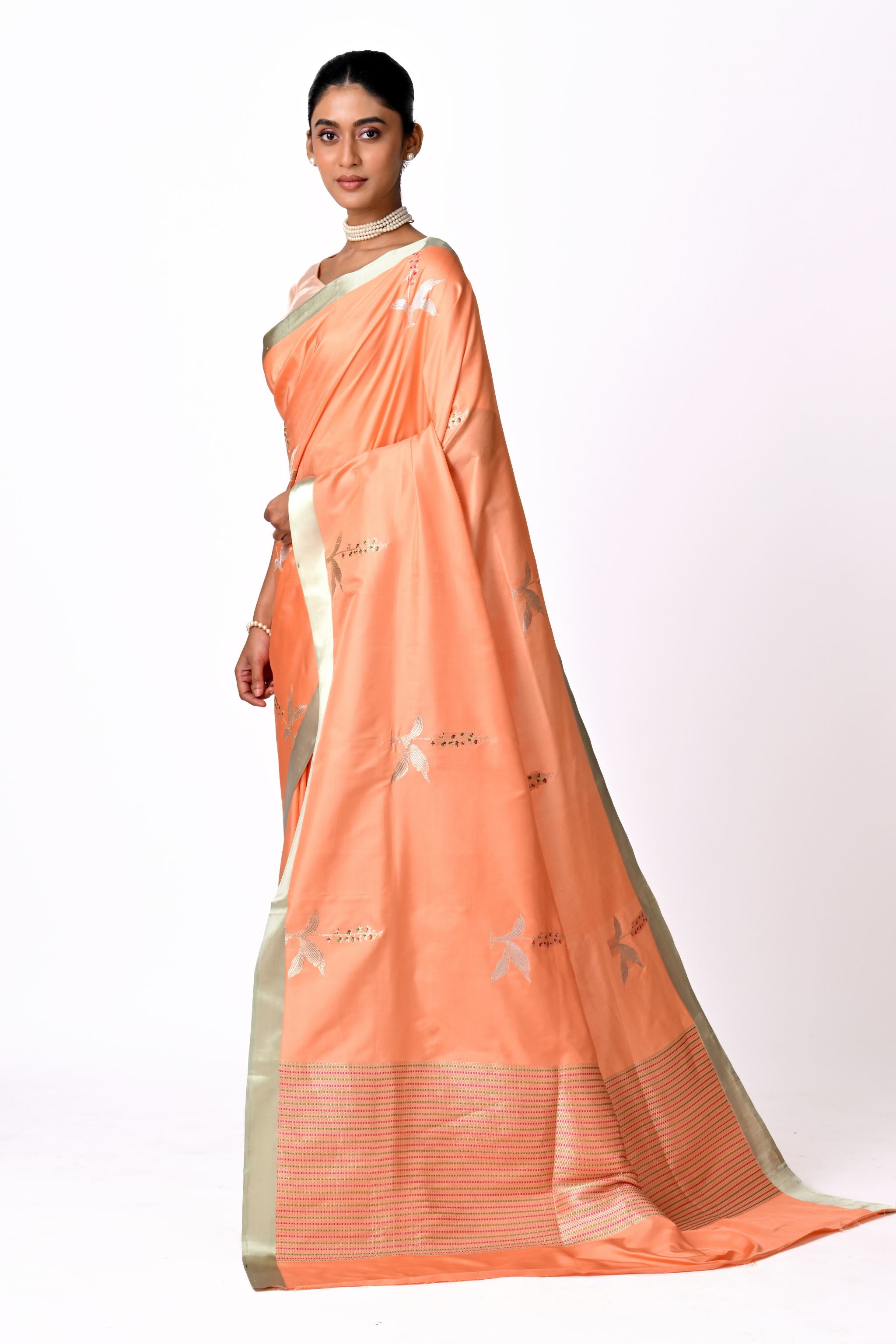 Orange-Peach Silk Saree with Botanical Buta