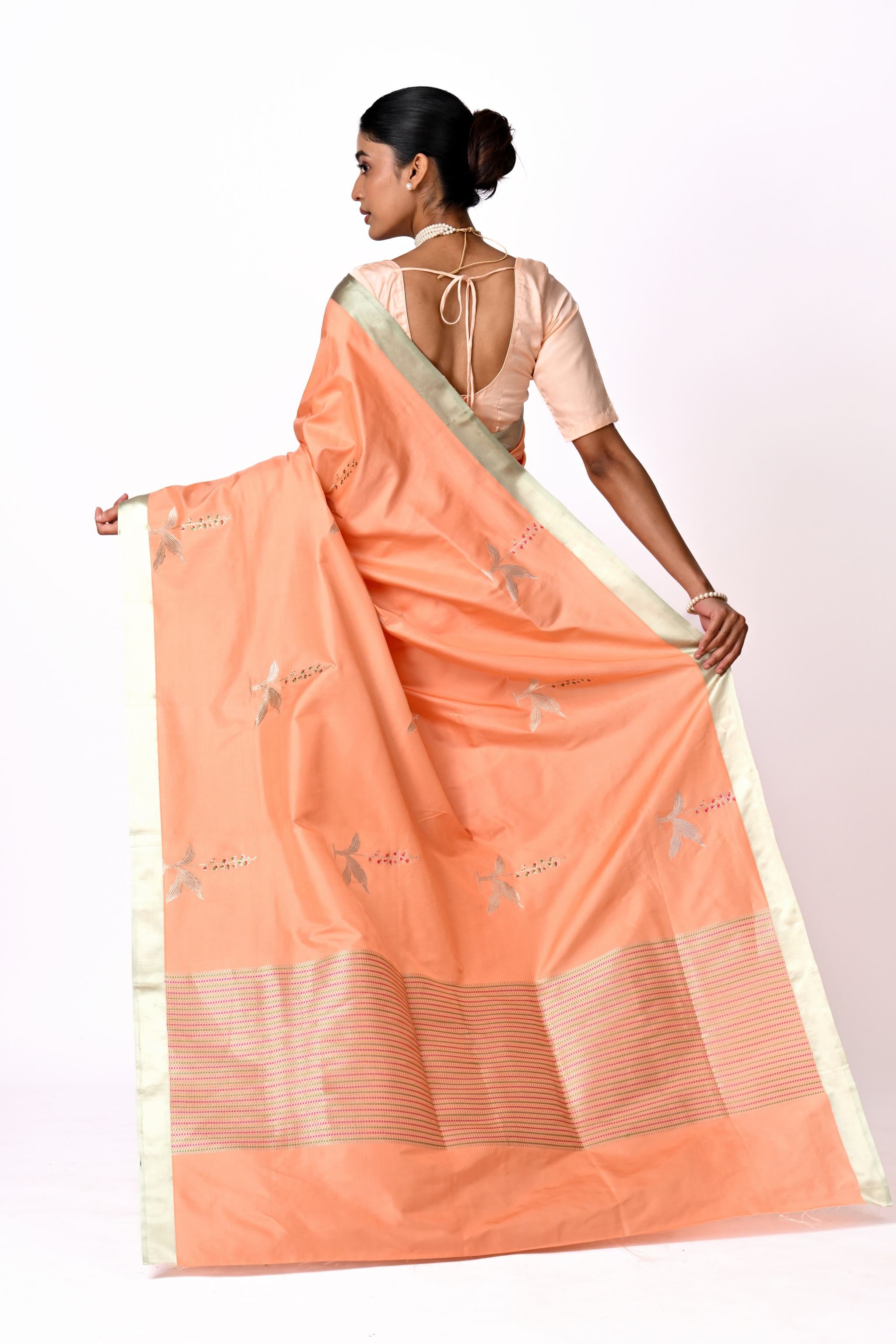 Orange-Peach Silk Saree with Botanical Buta