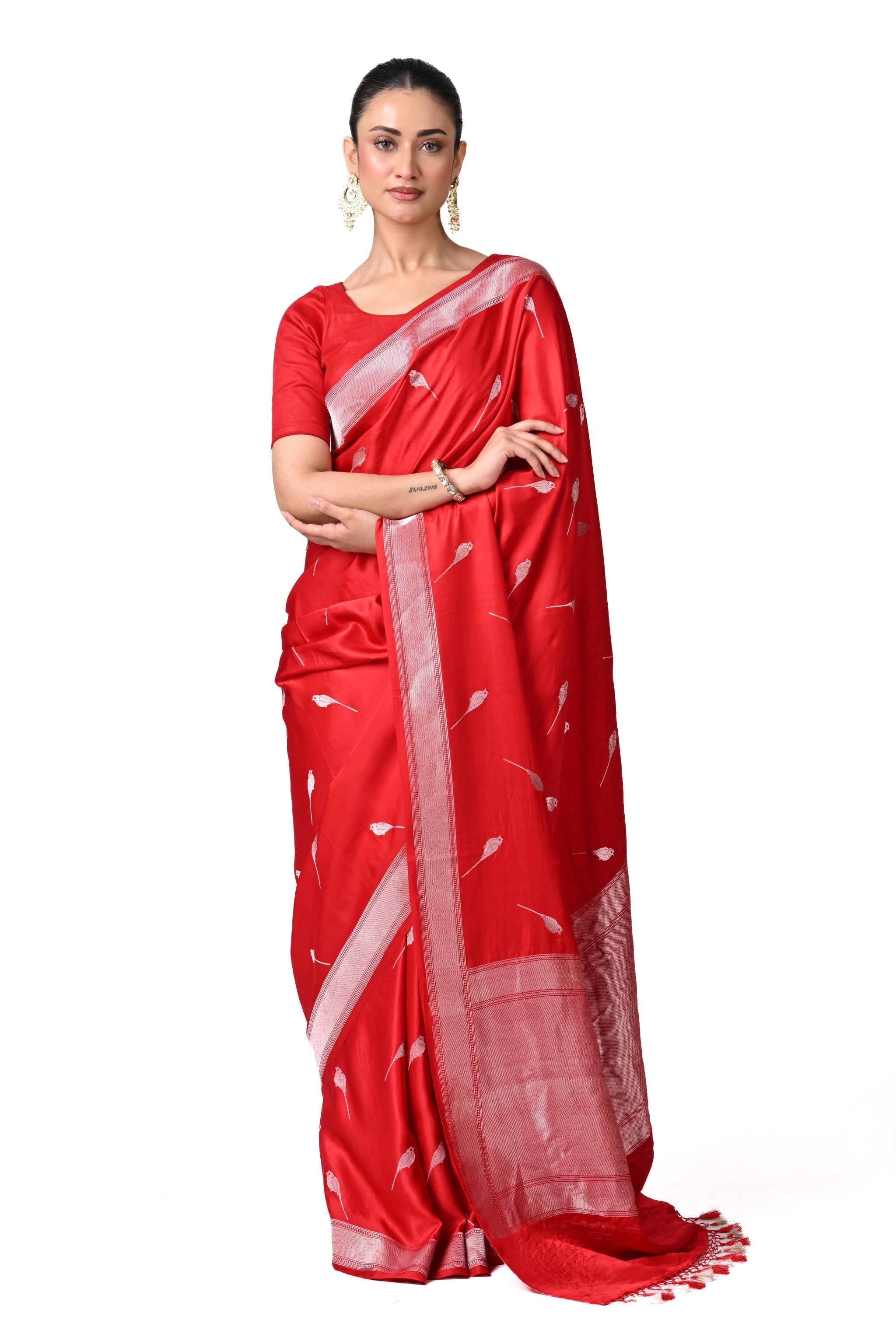 Red Gajji Silk Saree with Petite Bird Motifs