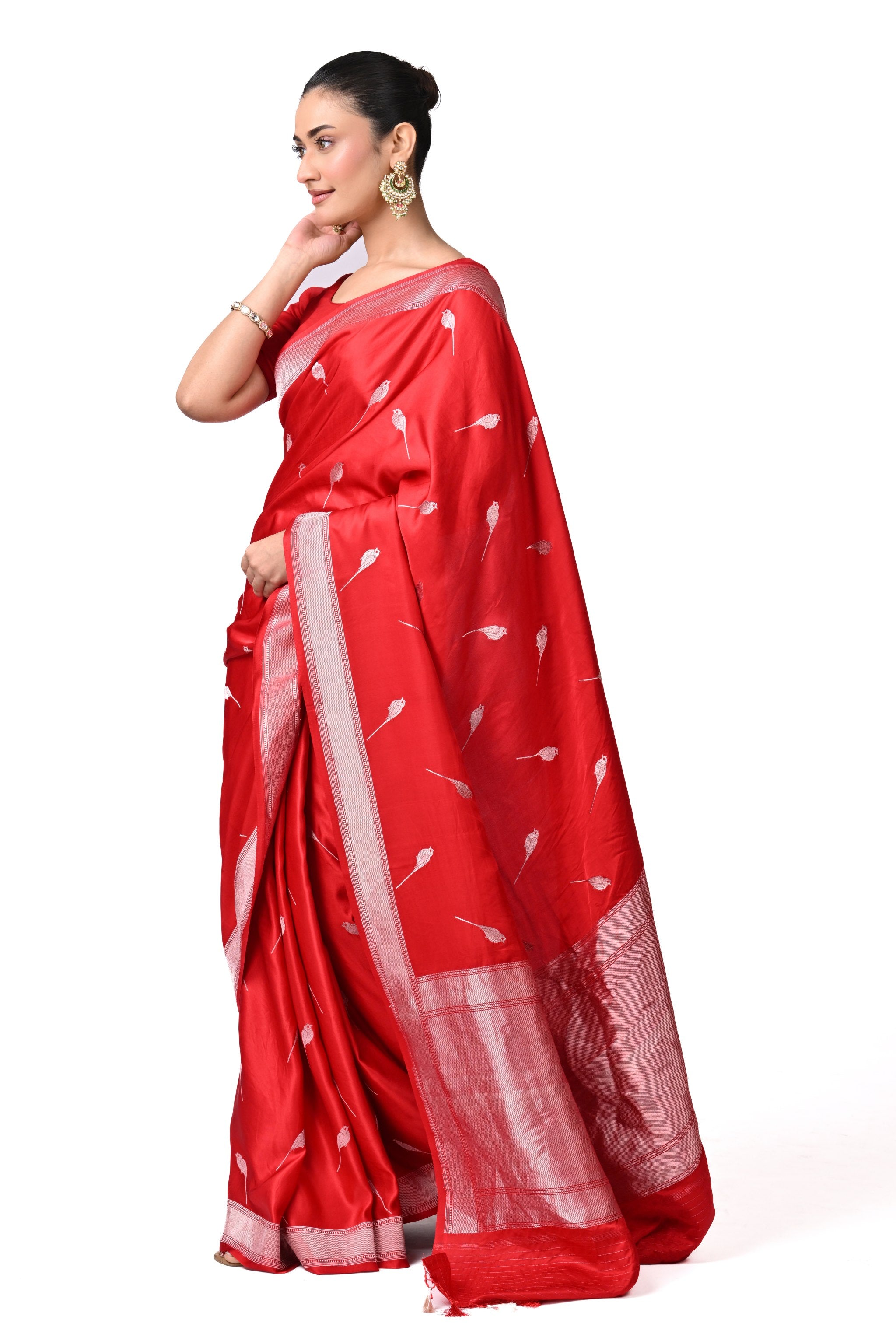 Red Gajji Silk Saree with Petite Bird Motifs