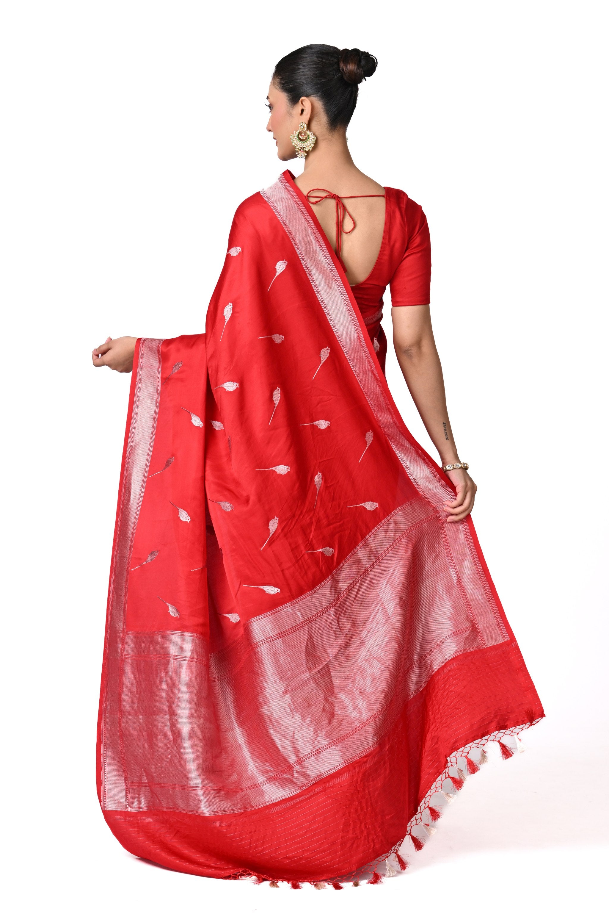 Red Gajji Silk Saree with Petite Bird Motifs