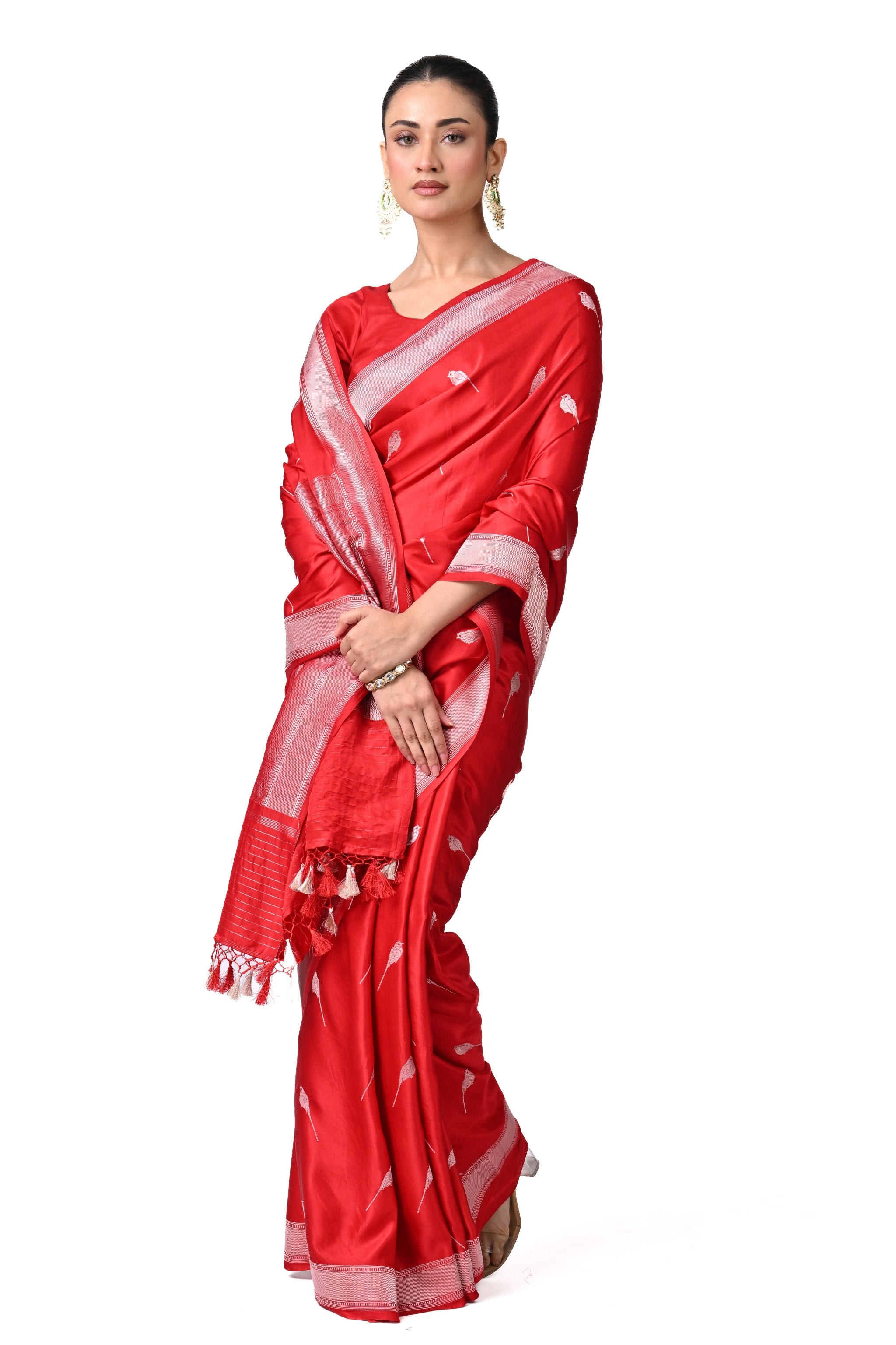Red Gajji Silk Saree with Petite Bird Motifs