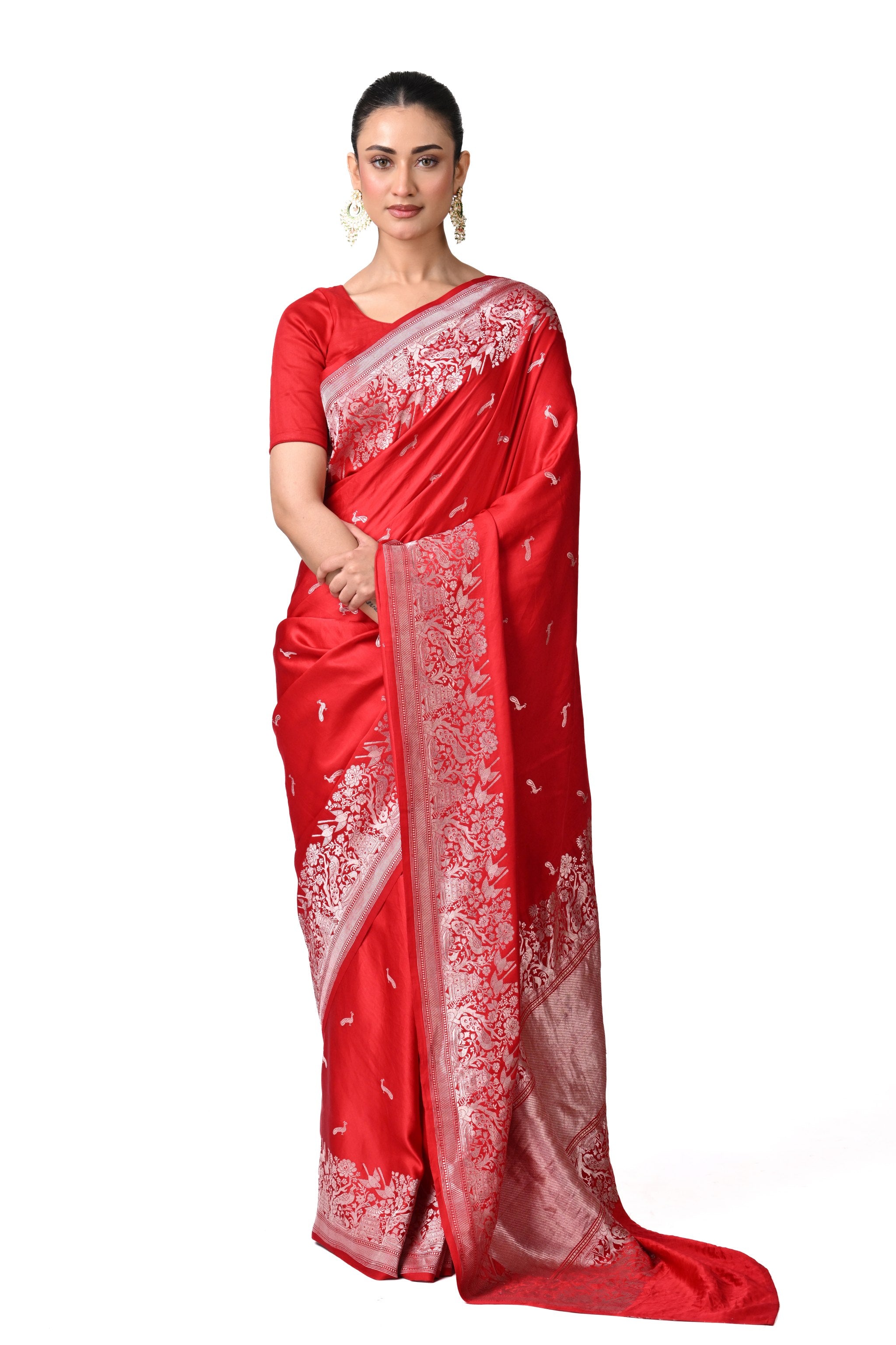 Red Gajji Silk Saree with Minimal Bird Motifs