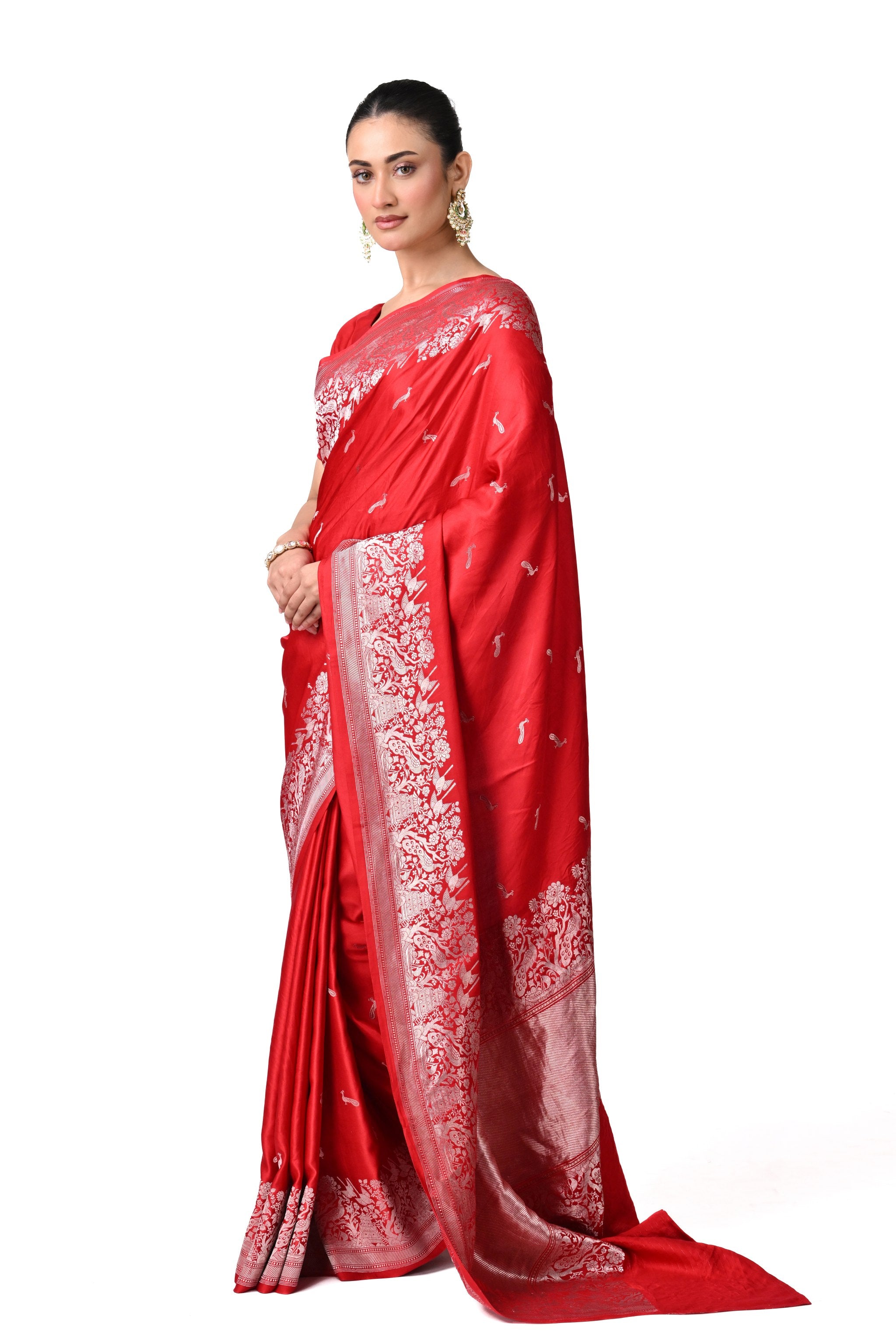 Red Gajji Silk Saree with Minimal Bird Motifs
