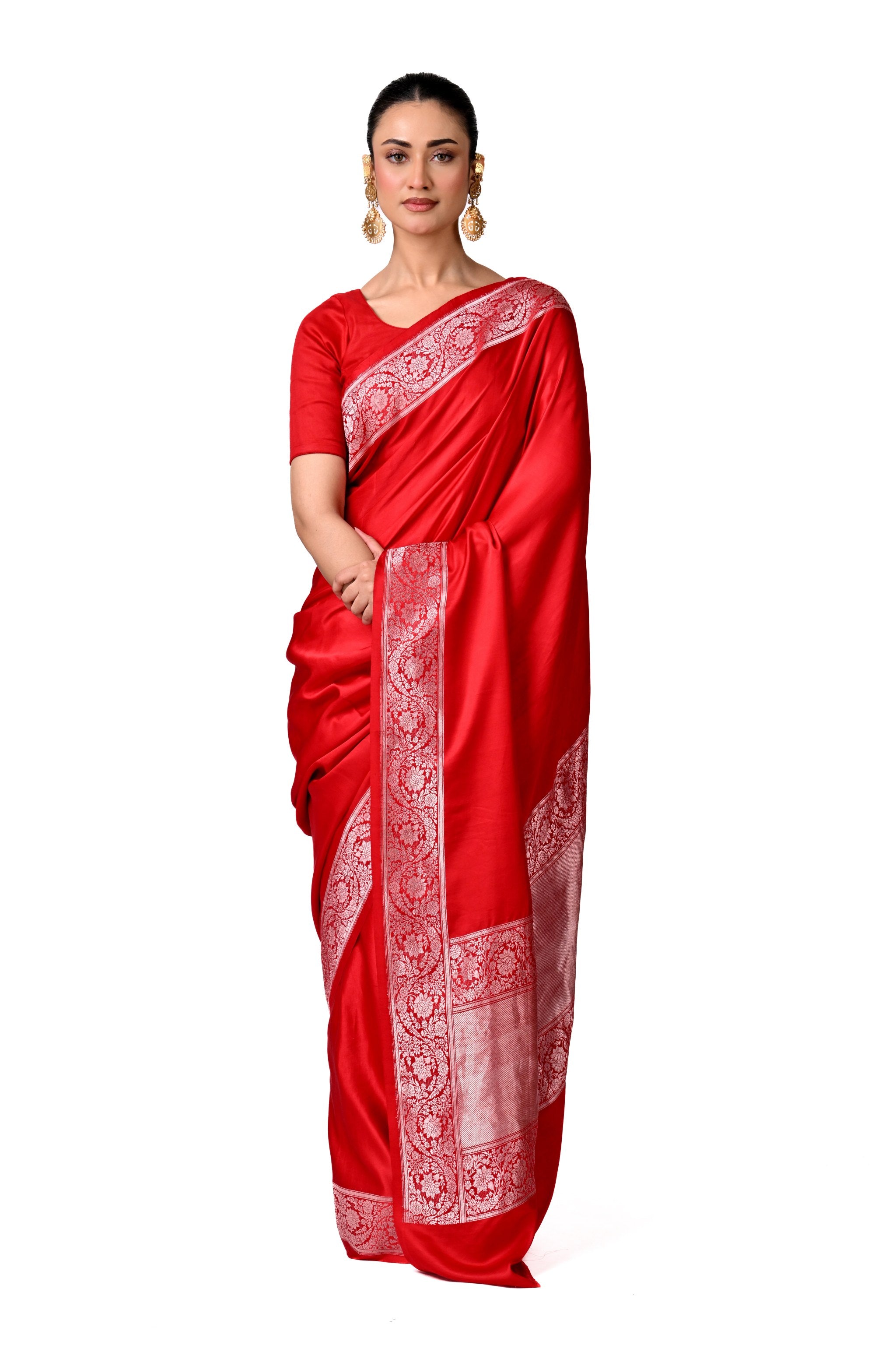Elegant Red Banarasi Silk Saree with Silver Zari Border
