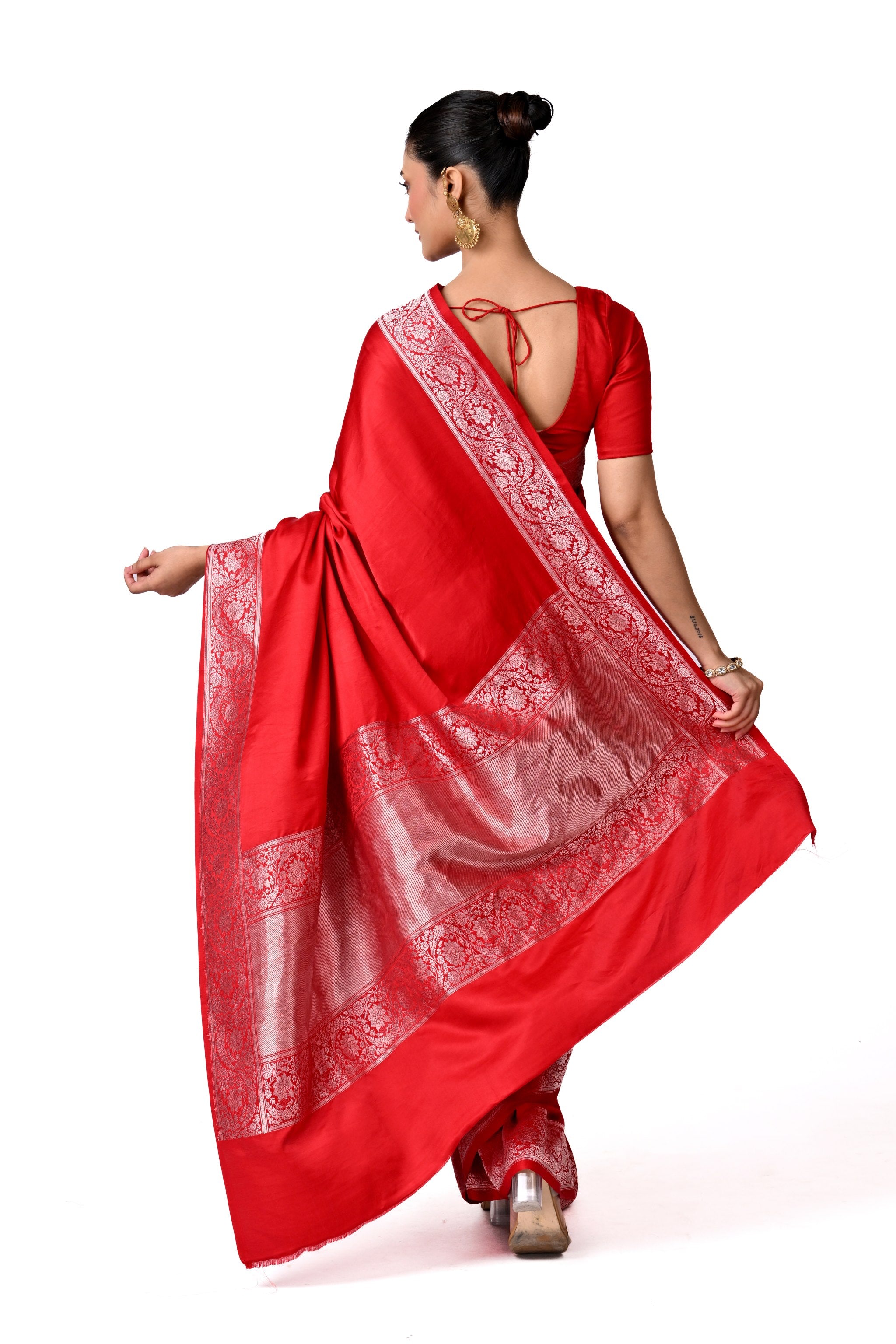 Elegant Red Banarasi Silk Saree with Silver Zari Border