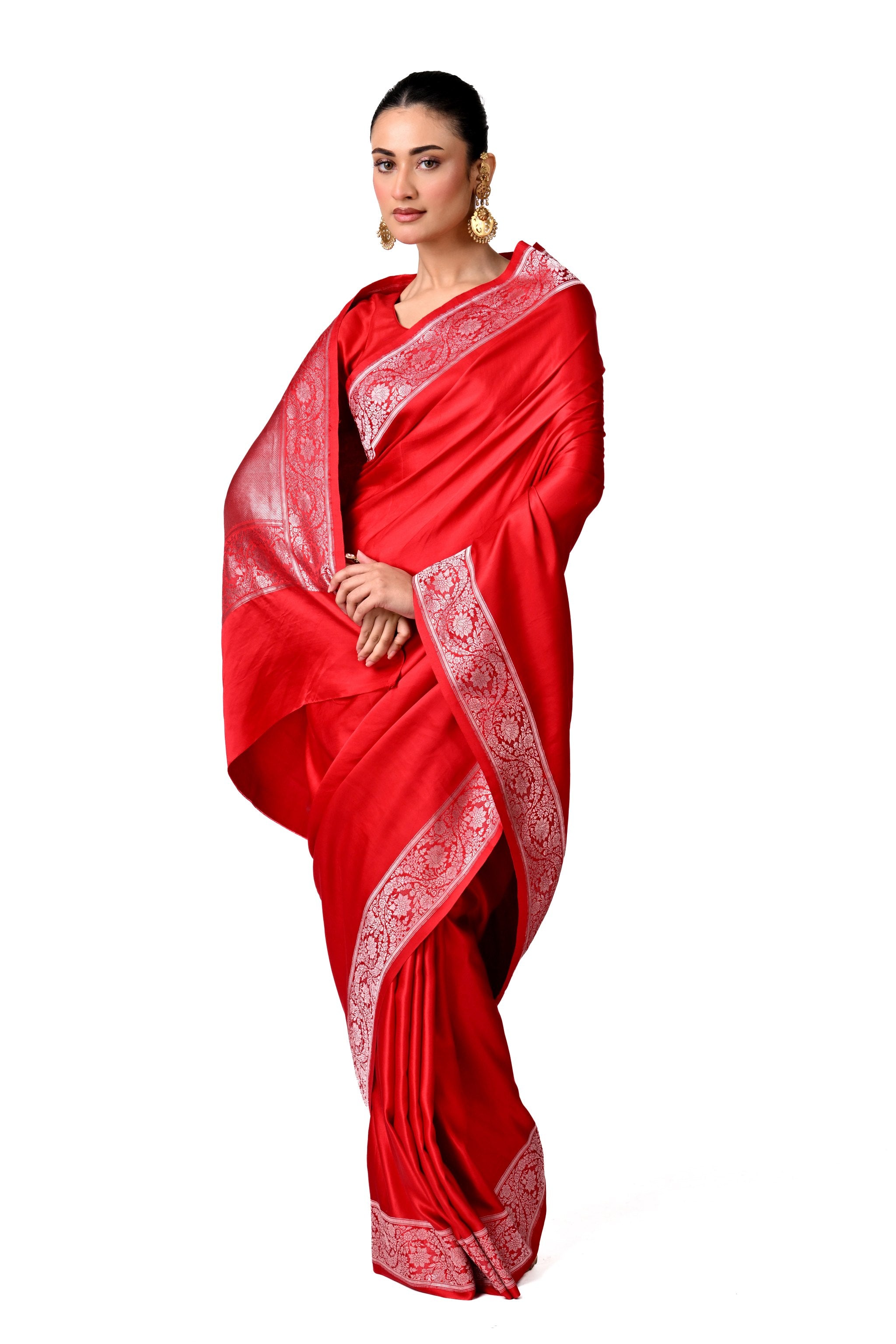Elegant Red Banarasi Silk Saree with Silver Zari Border