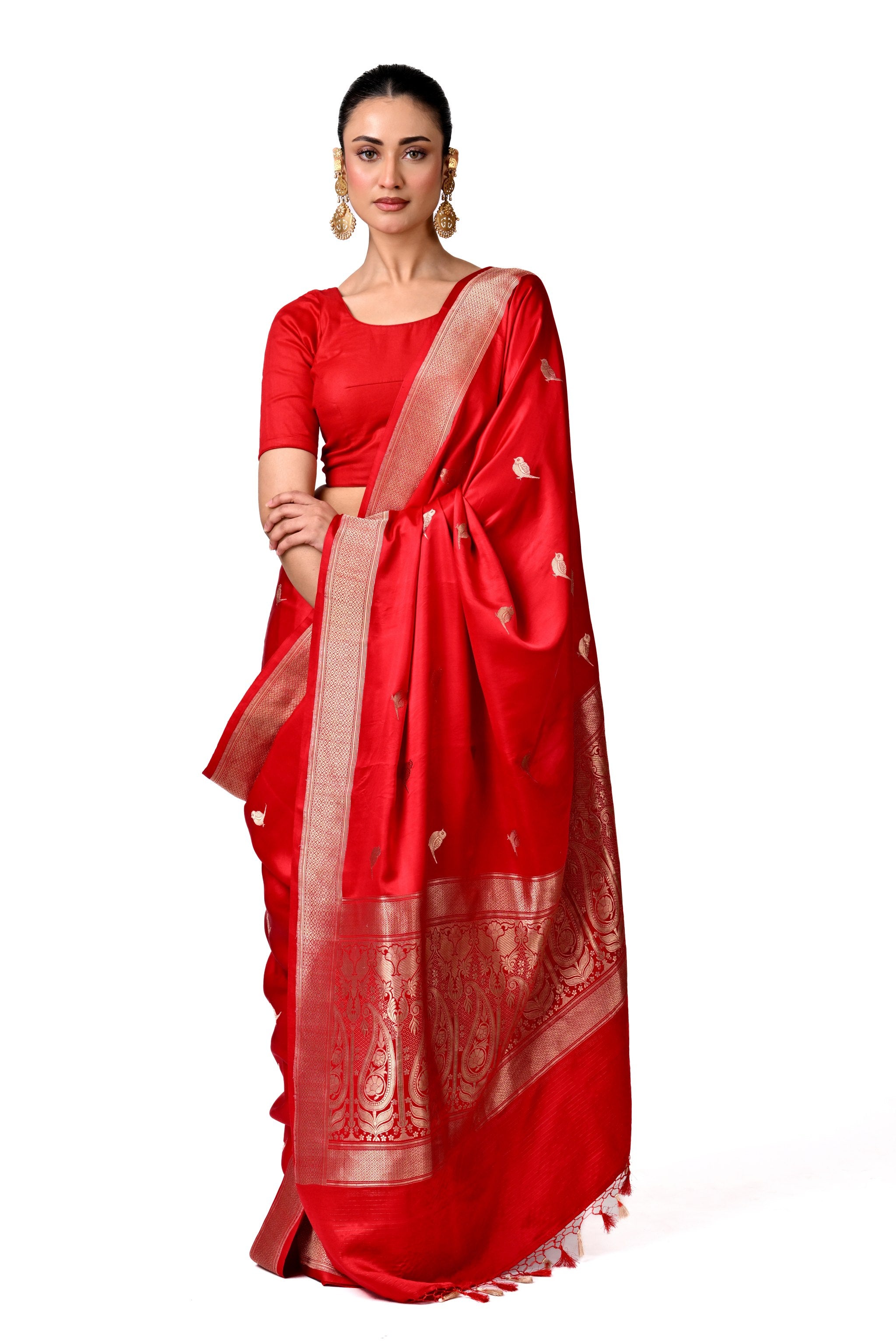 Red Silk Saree with Silver Buti & Zari Border